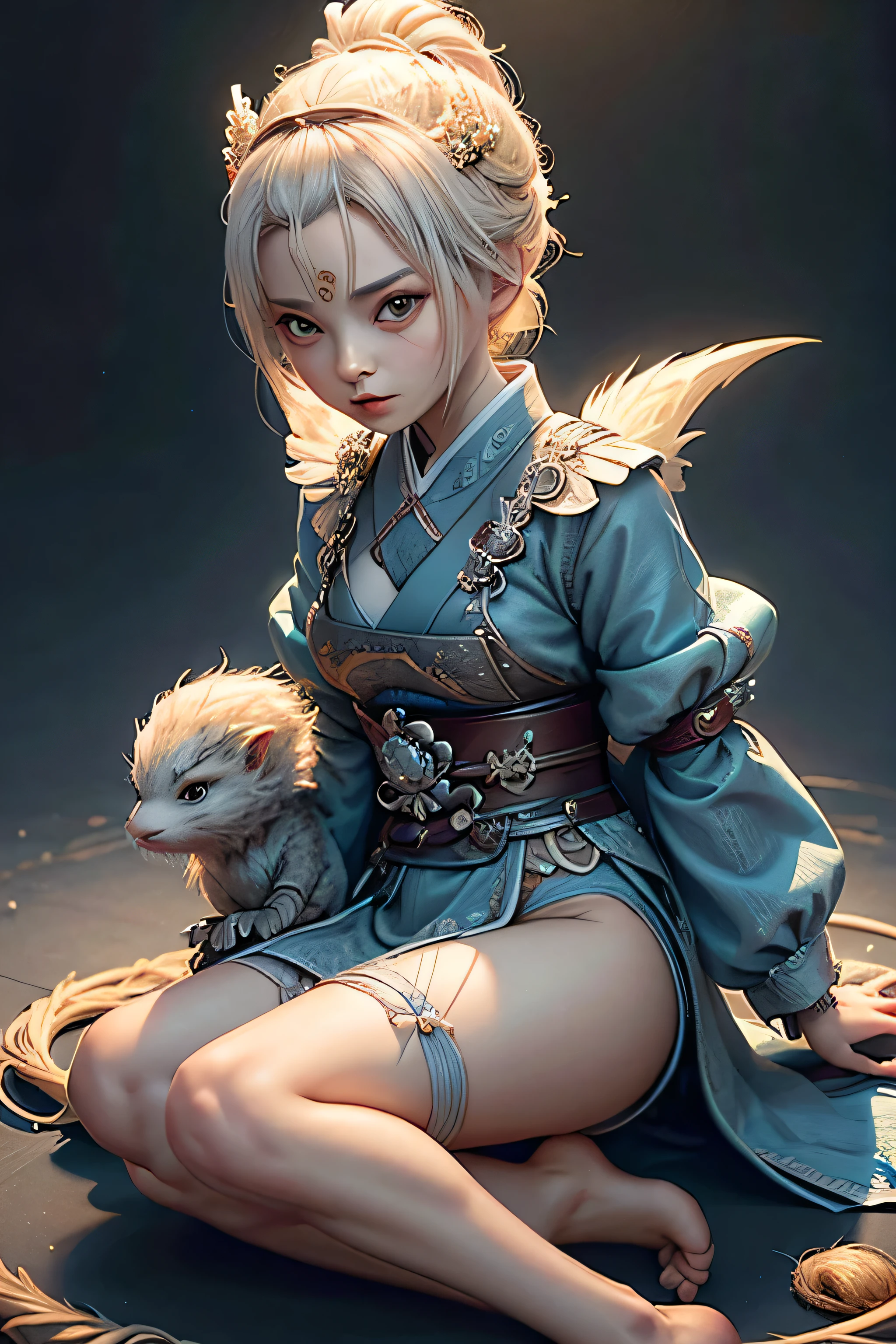 samurai feminina, cabelo branco, pupila roxa, flutuando junto a um dragao