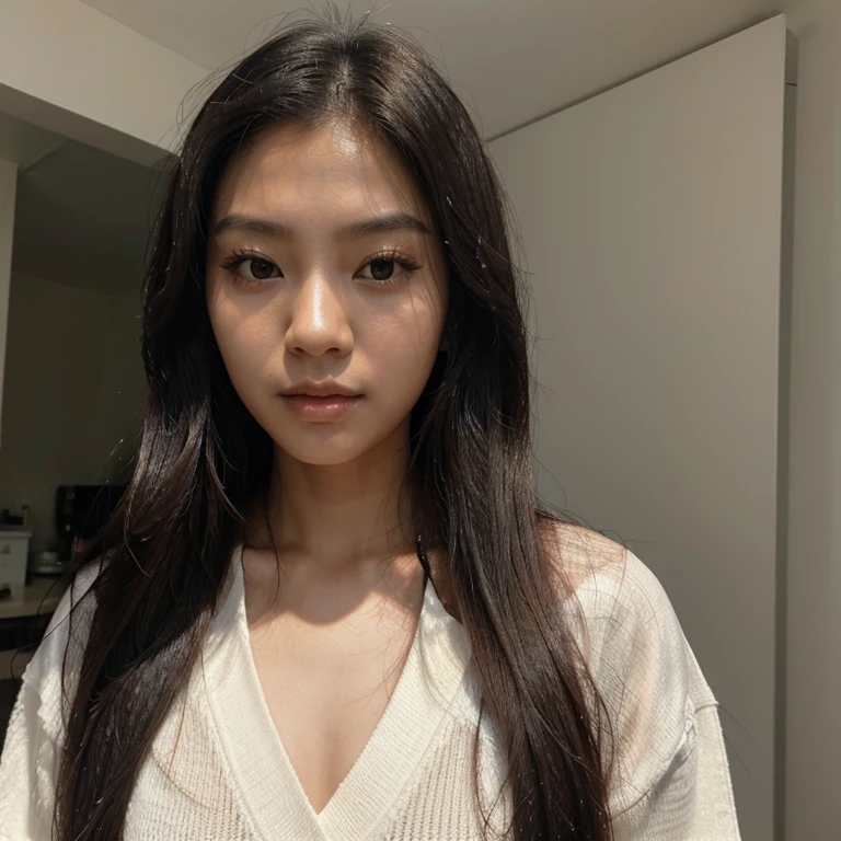 Asian girl, kpop long straight black hair, brown skin and standard