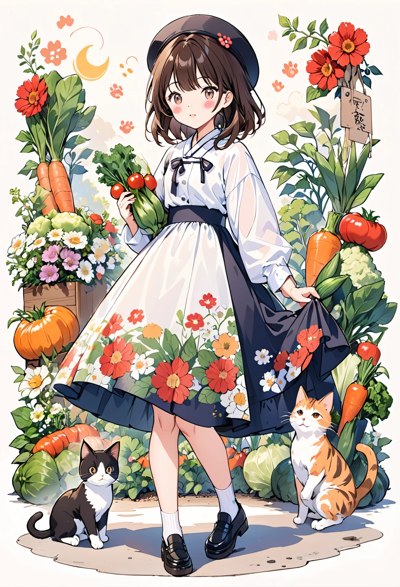 1girl,black footwear,hat,blush,standing,skirt,brown hair,socks,shirt,floral print,animal,vegetable,shoes,holding vegetable,cat,blush stickers,paw print,bangs,