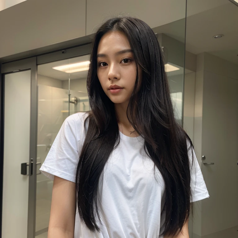 Asian girl, kpop long straight black hair, brown skin and standa