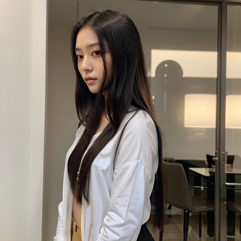 Asian girl, kpop long straight black hair, brown skin and standa