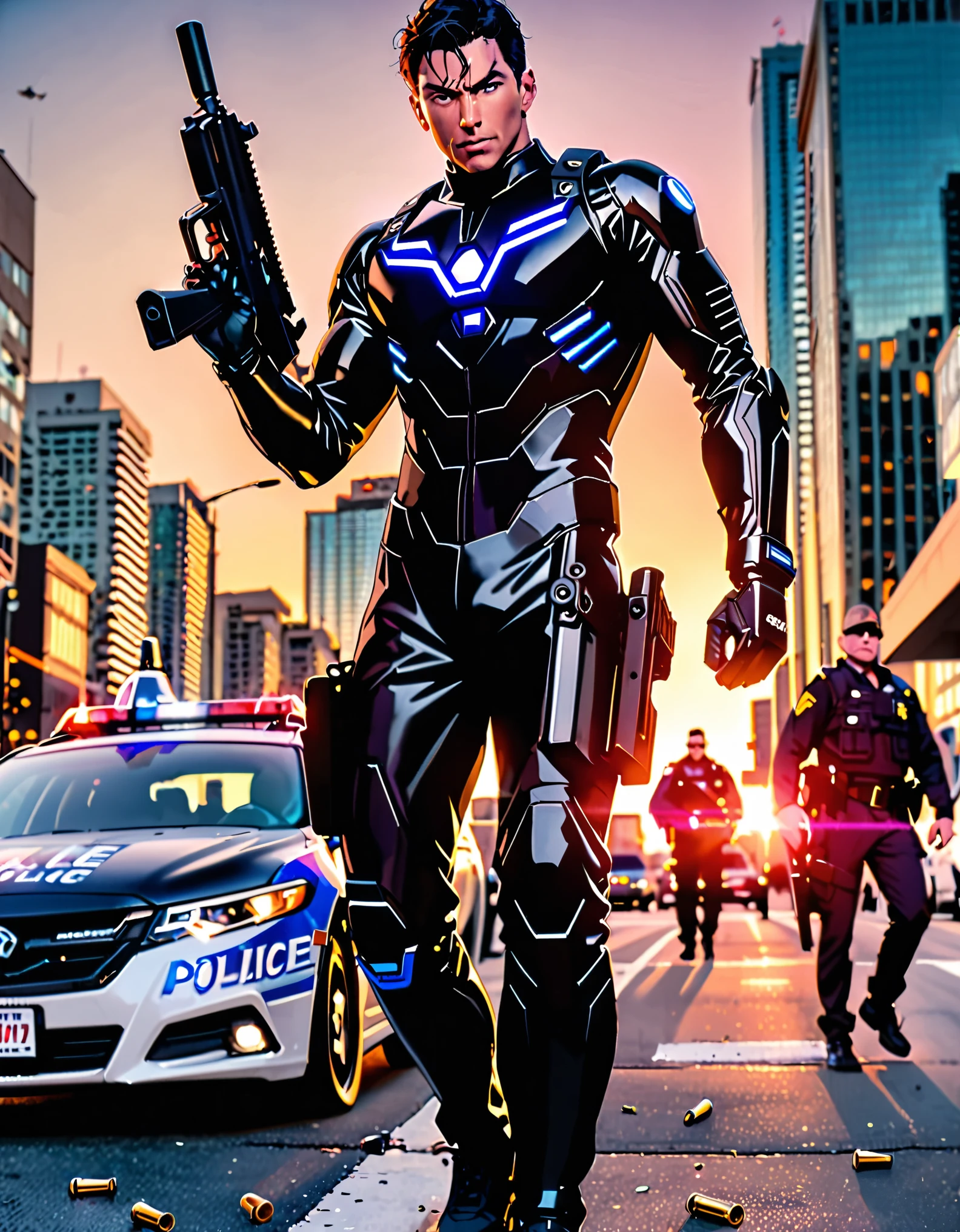 ((masterpiece, best quality, hires)), 1boy, male focus, solo focus, mature adult, age 30, canadian police officer, cyborg, muscular, (jet black cybernetic battle suit, glowing blue circle on chest), (black hair, dark purple eyes), (in front of a police car riddled with bullets), toronto city street backdrop, cowboy shot, sunset, excited look, ready for battle, front view, ((using submachine gun, shell casings coming from gun)), full body with costume.