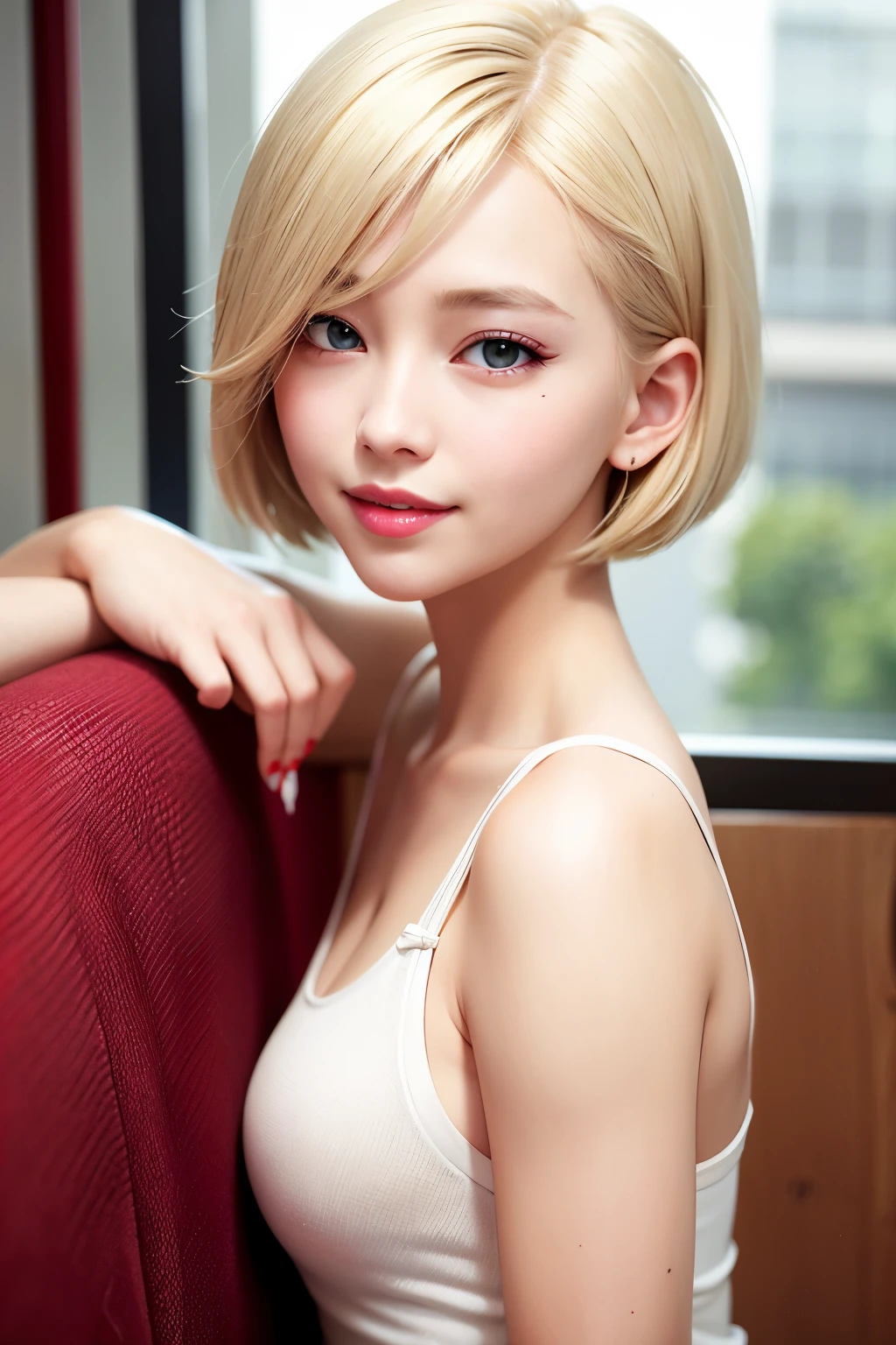 Blonde、Short bob hairstyle、Red eyes、Red Eyes、Lips are pink 、beautiful girl、smile