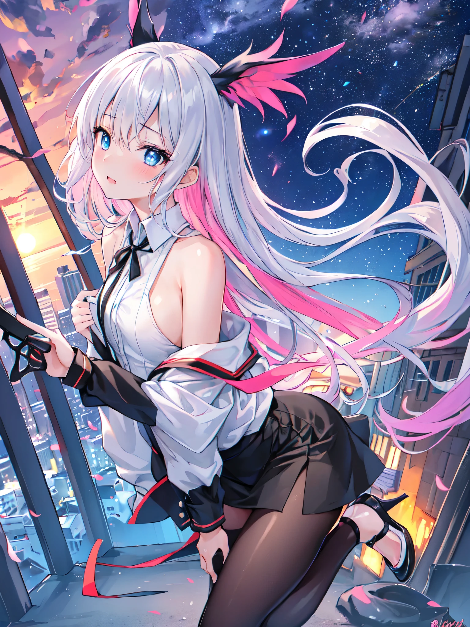 Tabletop, Ultra-thin illustration, highest quality, Light Particles, Very detailed, 8k wallpaper, (Bright colors:1.2), alone, (With a girl), small breasts no long hair), Straight hair, Shiny Hair, Shiny skin, Delicate line tail face,, Nipples, , orgasm face, Very beautiful blue eyes, Shining Eyes, close your eyes, arched back, orgasm face, To do, Blushing, arched back, Down , (vagina), Heterosexual, (Sleep on your back), (Girl with legs spread:1.4), (Terrifying :1.7), (ejaculation:1.2), Browsing Caution, blush,OL, end, Black suit jacket, Collared jacket, White dress shirt, Collared shirt, Neckline, button, strap, ID card on the neck, Black pencil skirt, Black Pantyhose,Stiletto heels,Business Bags,evening,sunset,whole body,avert your eyes,Embarrassing,blush, Outdoor rest, city,Destroy a building area (masterpiece:1.2), highest quality, High resolution, unity 8k wallpaper, (shape:0.8), (Fine and beautiful eyes:1.6), Very detailed顔, Perfect lighting, Very detailedCG, (Perfect hands, Perfect Anatomy),