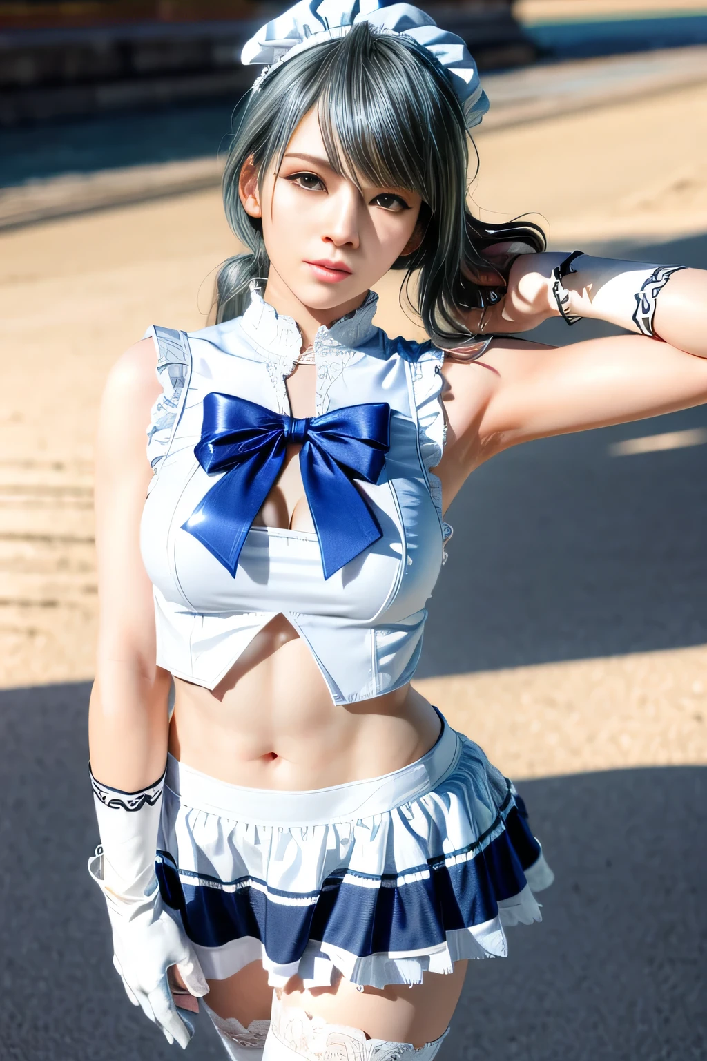 1girl, BREAK (white and black theme:1.4), (fusion of (sleeveless white high neck and collared [crop top]) and (black puff sleeves):1.4), (white tops and black short sleeves:1.2), (wearing a white half apron over a black skirt:1.4), (waist cincher:1.3), (white half apron), ((white maid head-band with ruffles on head, white brim on head):1.3), (white thigh high stockings:1.4), ((white arm warmers, white long glove):1.3), BREAK (light-blue theme:1.2), (light-blue lines on skirt:1.3), (light-blue ribbon bow:1.3),  , appealing cleavage,( beautiful tattoo:1.2), overhead view, beautiful detailed eyes, beautiful detailed lips, extremely detailed eyes and face, long eyelashes, feminine charm, detailed texture, snug fit, fashionable, soft fabric, radiant skin, (best quality,4k,8k,highres,masterpiece:1.2), ultra-detailed, (realistic,photorealistic,photo-realistic:1.37), tamaki