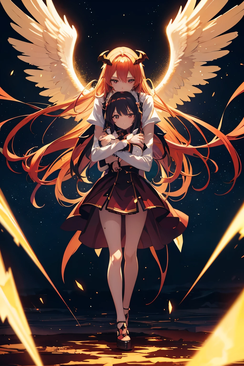 anime style, an angel hugging a demon, super detailed 8k, rerendered, epic scene, sparkles in the air, full body, intense lighting.