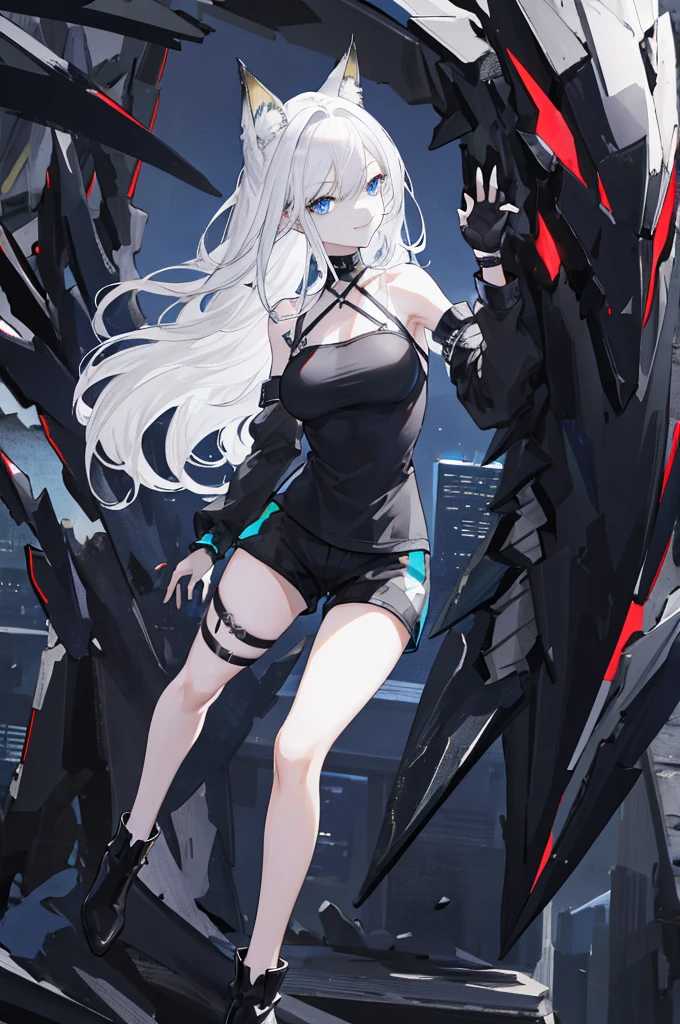 (absurdres, highres, ultra detailed), 1woman, mature female, aged up, wavy long hair, white hair, blue eyes, bangs, bare shoulders, long sleeves, detailed eyes, detailed hands, extremely detailed, black gloves, high heel boots, black tank top + black shorts, looking at viewer, solo, full body shot, detailed background, detailed face, cyber theme, techwear, wearable device, head-up display, dark sinister atmosphere, wind swirling, city background, blue lights, future tech, sexy facial expression (Smile with eyes),
