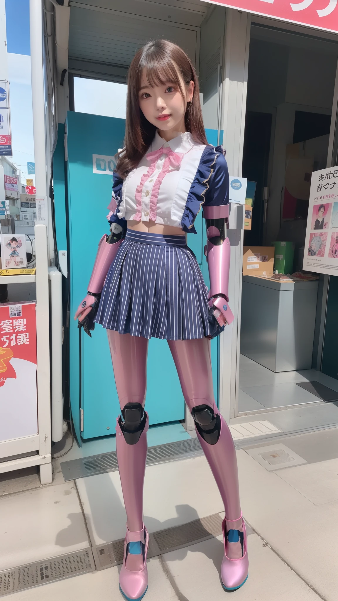 Costume like a idol, blue and white half sleeve Jacket, pink satin ruffled blouse, White and pink stripe pleated skirt, robot