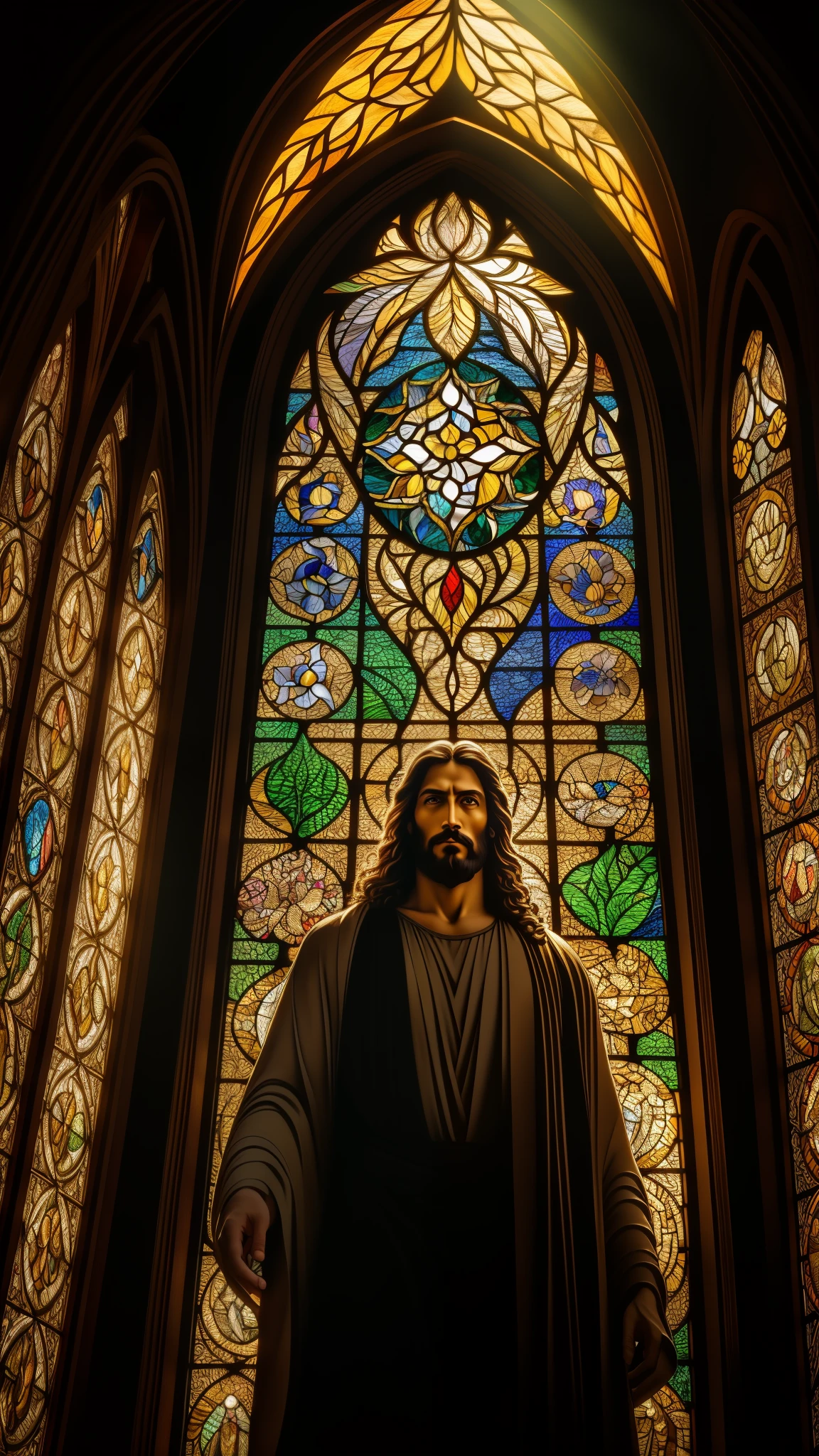 Intricately crafted masterpiece,
A stained-glass portrait of Jesus Christ,
High definition depiction,
Divine radiance emanating from within,
The celestial light illuminating His features,
A captivating display of detail and precision,
Masterwork, ultra-high resolution,
Jesus Christ standing out with ethereal brilliance,
Vibrant hues capturing the essence of divinity,
A mesmerizing piece of art, a beacon of faith.