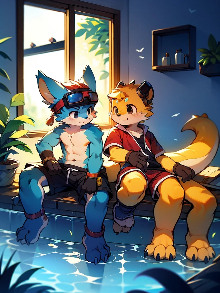 Chinese dragon boy，Gray fur，Topless, mammal, hairy，Black eyes，upscale hotel，Blue and black gradient swimming trunks quality，black fingerless gloves，goggles
