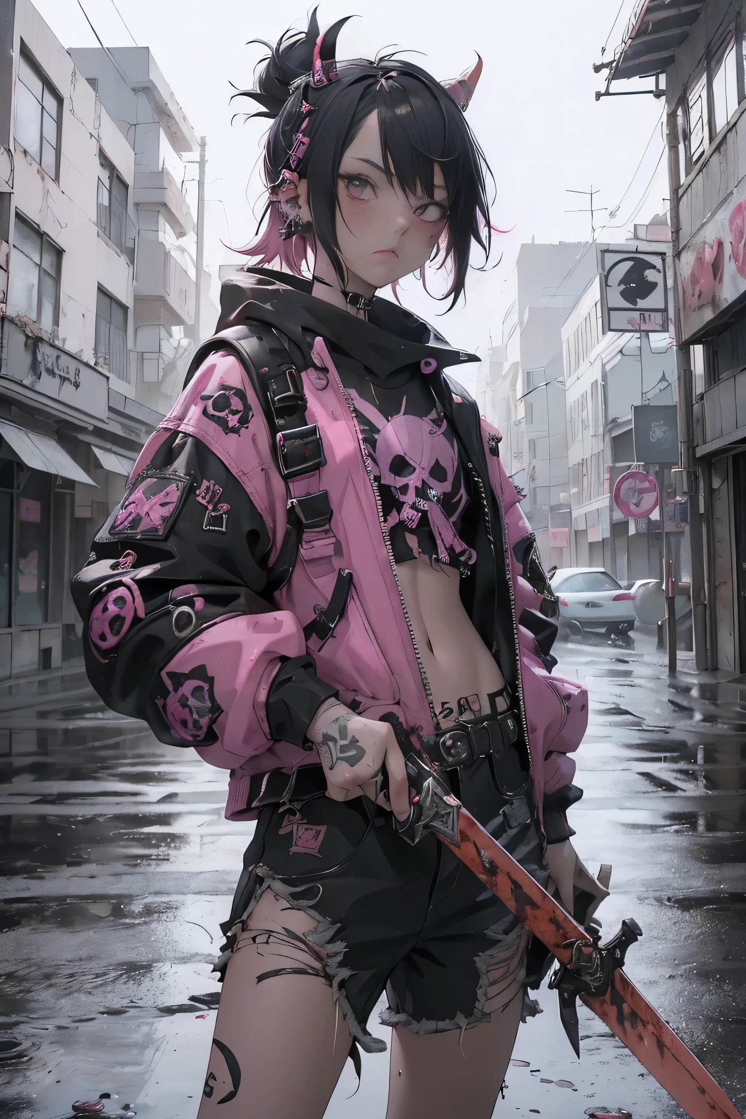 (Highest quality、8ก、32k、Masterpiece、do not have:1.3)、(Real photos:1.4),(shot from the front,look at viewer:1.5)、((18 year old punk girl,Weird punk hair:1.3)),((red black fashion:1.5)),(holding a skull:1.5)Clothes with buttons、((He held a long sword stained with blood..:1.5))、((There was something like a weapon behind it.))、(Black and bright pink hair:1.5),Weird makeup、、black and white background、A deserted city in the rain,There are old buildings.,puddles on the road、(movie light)、Depth of the written region,blurred background、