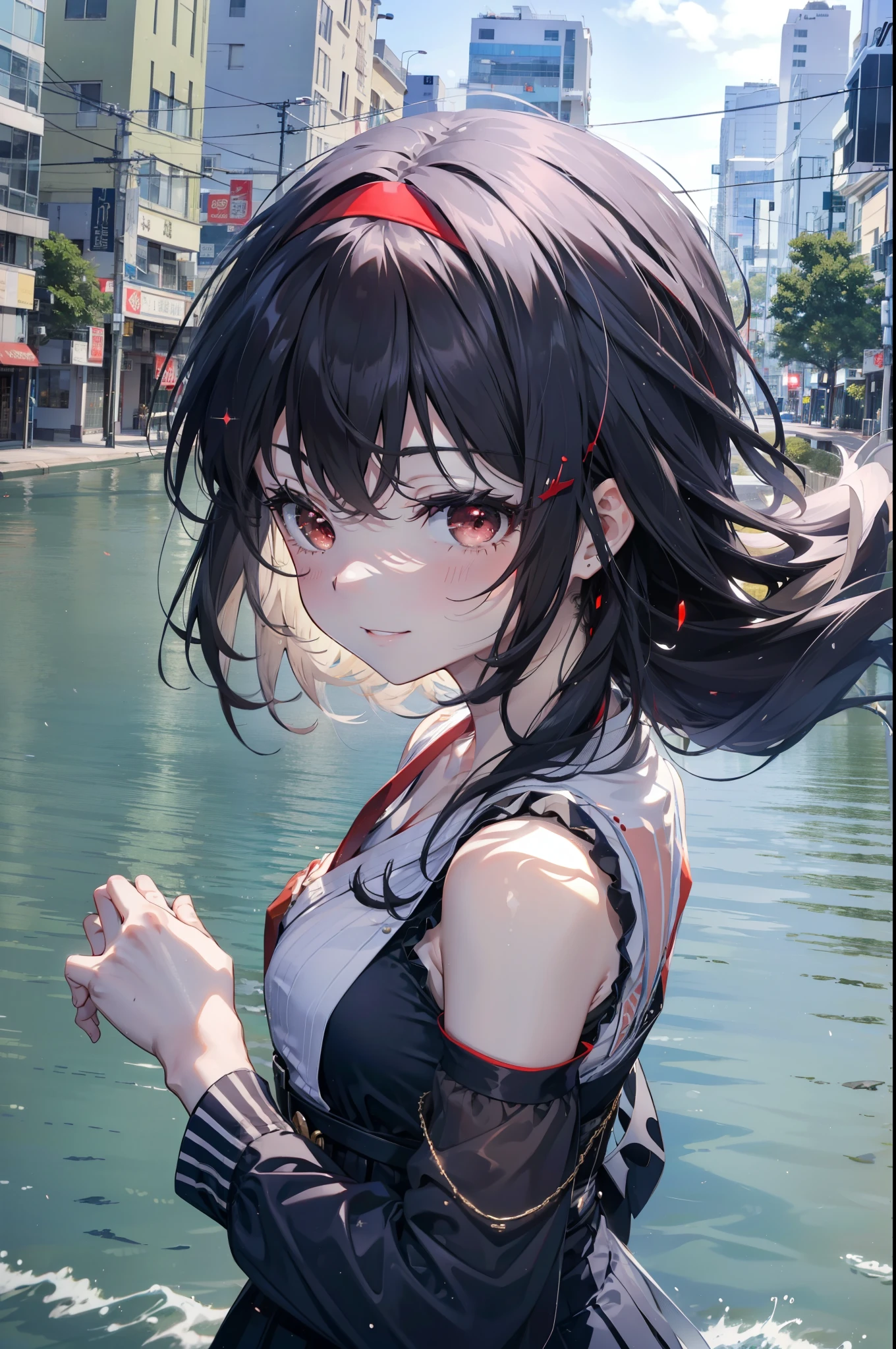 For profit, utaha kasumigaoka, Black Hair, hair band, Long Hair, (Red eyes:1.5),happy smile, smile, Open your mouth, Black sleeveless dress,Bare arms,Long skirt,Cute Sandals,whole bodyがイラストに入るように,Daytime,Clear skies,
break looking at viewer,whole body,
break outdoors, In town,Building district,Coastal Road,
break (masterpiece:1.2), highest quality, High resolution, unity 8k wallpaper, (figure:0.8), (Beautiful fine details:1.6), Highly detailed face, Perfect lighting, Highly detailed CG, (Perfect hands, Perfect Anatomy),