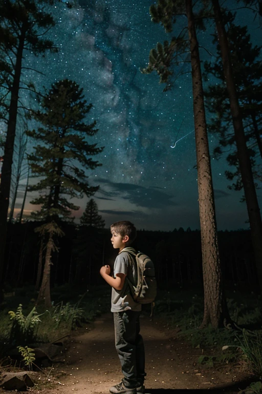 Boy looking at the stars in the forest with a travel backpack