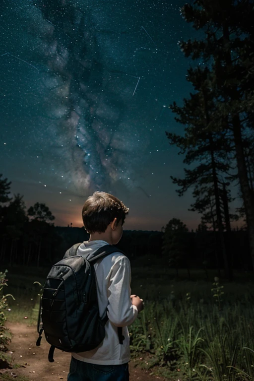 Boy looking at the stars in the forest with a travel backpack