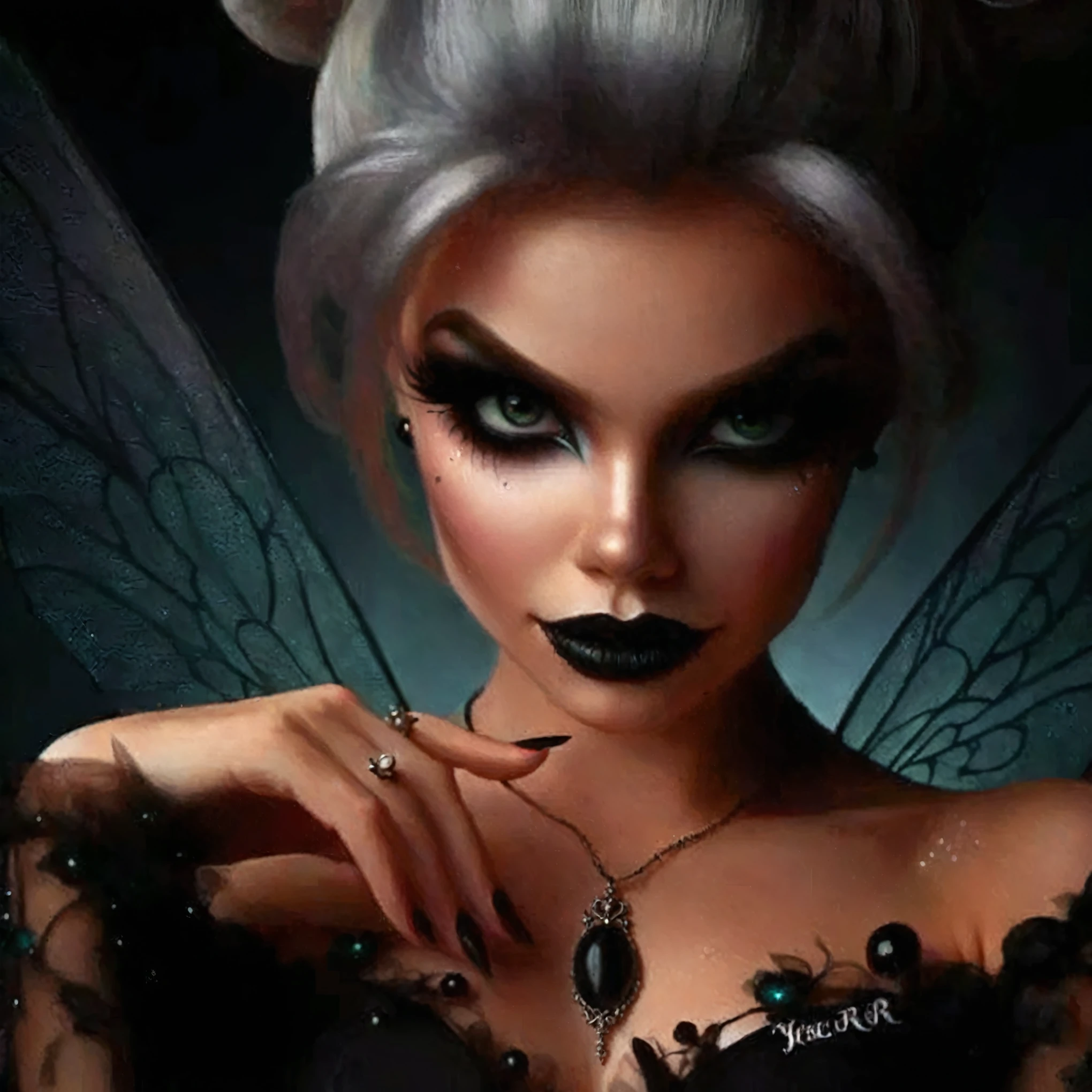 a close up of a woman with a black dress and a fairy makeup, dark fae, cute face. dark fantasy, fantasy dark art, villainess has black angel wings, earley, beautiful elegant demon queen, dark fantasy mixed with realism, gothic fantasy art, fantasy art style, portrait of a fairy, beautiful succubus, dark fantasy art