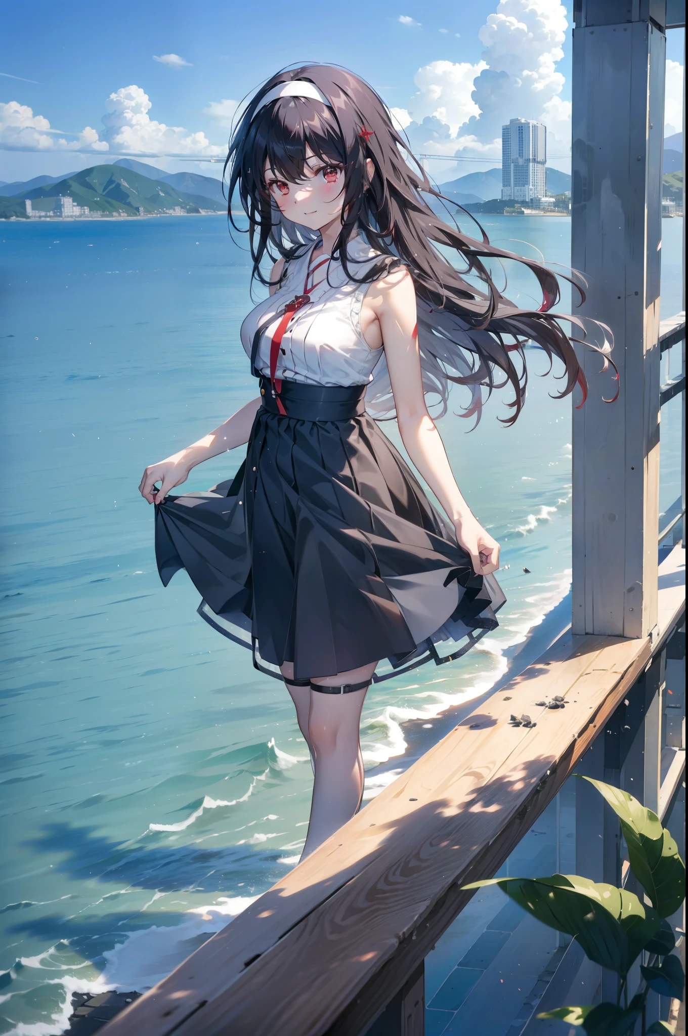 For profit, utaha kasumigaoka, Black Hair, hair band, Long Hair, (Red eyes:1.5),happy smile, smile, Open your mouth, Black sleeveless dress,Bare arms,Long skirt,Cute Sandals,whole bodyがイラストに入るように,Daytime,Clear skies,
break looking at viewer,whole body,
break outdoors, In town,Building district,Coastal Road,
break (masterpiece:1.2), highest quality, High resolution, unity 8k wallpaper, (figure:0.8), (Beautiful fine details:1.6), Highly detailed face, Perfect lighting, Highly detailed CG, (Perfect hands, Perfect Anatomy),