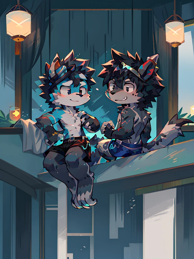 Chinese dragon boy，Gray fur，Topless, mammal, hairy，Black eyes，upscale hotel，Blue and black gradient swimming trunks quality，black fingerless gloves，goggles