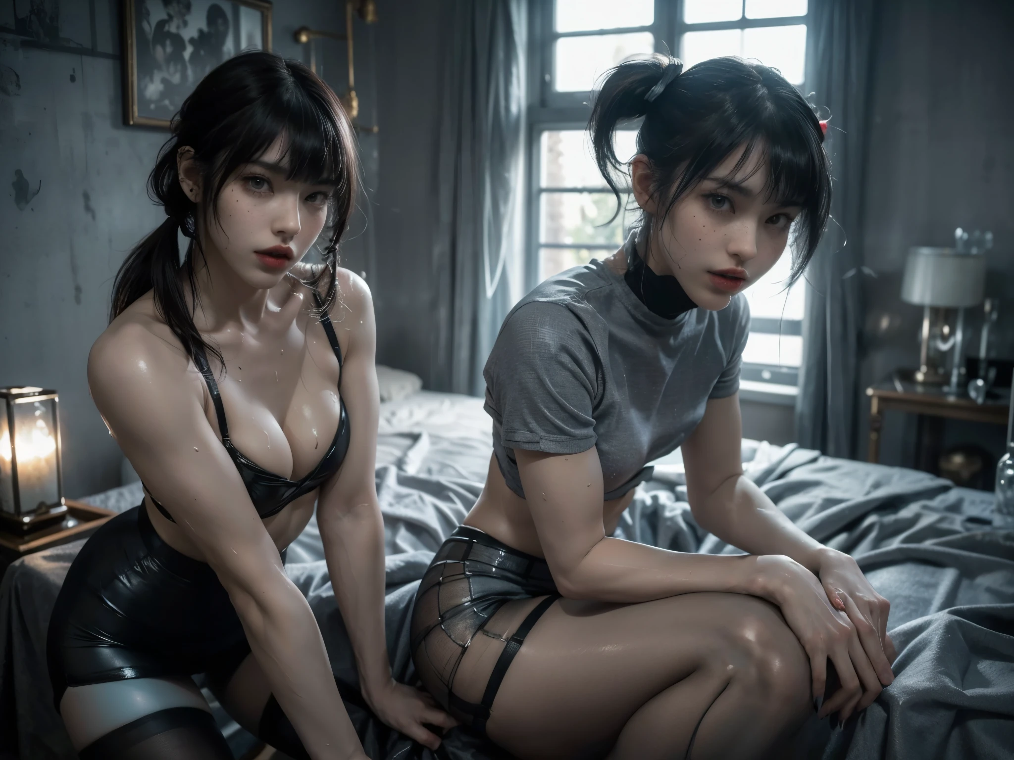 the viewer is her tiny shrunken prey, skintight slutty bodysuit, helpless and at a giantesses mercy ,the 2 women are looking down at you at their feet, (( 2ーinch tall man POV)), ((skirt/pantyhose)), perfect legs and skinny thighs, pantyhose, ((perfect tight ass)), tight wet pussy, giantess, dread, impending death, sex, domination, ((Perfect eyes and face)), ((closed wet full lips)), ((perfect hands and fingers)), ((( a lot of white cum is dripping out of her pussy))), ((she has a skinny and toned strong body)), ((makeup)), ((freckles)), ((perfect eyebrows)), ((sharper edges)), ((perfect scary grey eyes)), perfect intimidating face, slut, sadistic, predatory, better detail on her skin, perfect face and strong jawline, perfect full wet lips, sadistic atmosphere, wet sweaty skin, more detail, beautiful intimidating grey eyes, ((beautiful horror)), better lighting, more toned muscles, perfect detail on her intimidating eyes, very tight underwear, ((tight pussy)), (((tighter clothing))), slutty, intense, perfect detail, tight and sexy, ((piercings)), better detail on her bellybutton, skinny, skinny and strong, more skin showing, intense, slutty, freckles, long skinny perfect legs, scary and intense, she is a skinny and toned 25 year old sexy and perfect and intimidating Japanese/American skinny/tone futuristic evil retribuition alice, pale white skin, eye contact, (full tall body is shown), (((hair with short ponytails and bangs))), , perfect face and eyes, she has a skinny and athletic body wearing pantyhose, only her full body is shown above the viewer looking down at him, perfect face, perfect strong jawline, perfect lips, best resolution, perfect bone structure, femdom, she has a skinny and toned young perfect body and legs, tight stockings and garter belt, looking down at the viewer, full body, perfectly proportioned body, short hair, young/modern hairstyle hair 2 ponytails and bangs, she is in a bedroom