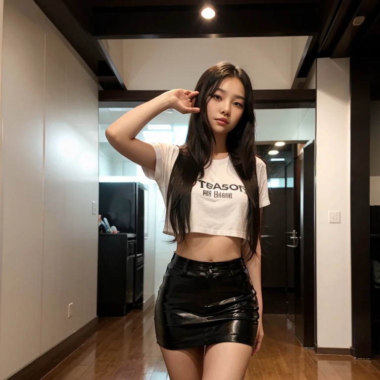 Asian girl, kpop long straight black hair, brown sk Dancing