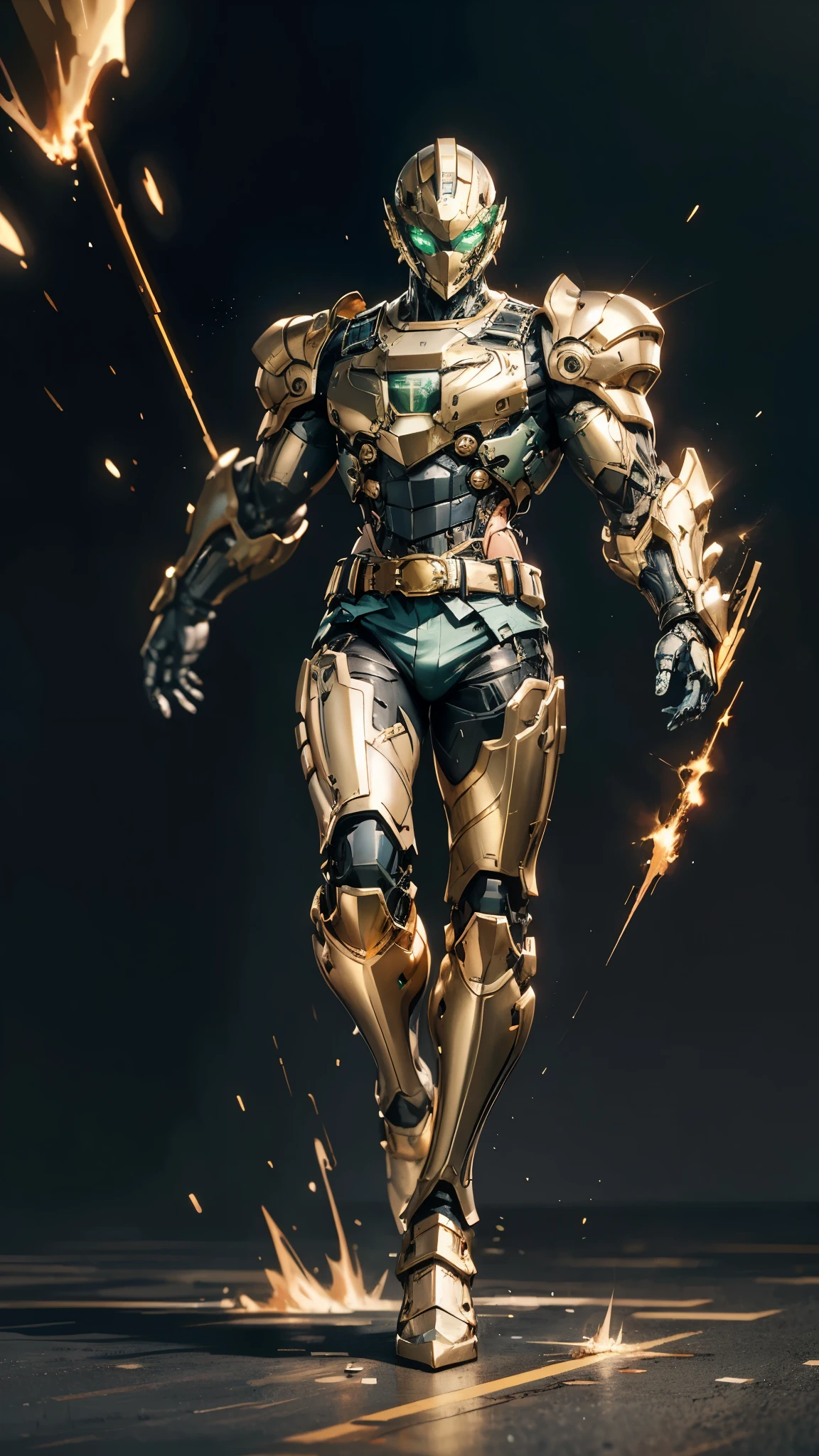 A man wearing a full-face helmet, a fantasy-style biotech armored combat suit, green eyes, (a composite layered chest armor), fully enclosed shoulder guards, matching arm and leg guards, the belt is adorned with cross, (the color scheme is primarily white with golden and blue accents), the design balances heavy with agility, a high-tech bio-mecha armor, (Armor Concept Inspired by Paladin, stand on the top of a skyscraper in a futuristic sci-fi city), this character embodies a finely crafted fantasy-surreal style armored hero in anime style, exquisite and mature manga art style, (battle damage, element, plasma, energy, the armor glows), ((male:1.5)), metallic, real texture material, dramatic, high definition, best quality, highres, ultra-detailed, ultra-fine painting, extremely delicate, professional, perfect body proportions, golden ratio, anatomically correct, symmetrical face, extremely detailed eyes and face, high quality eyes, creativity, RAW p