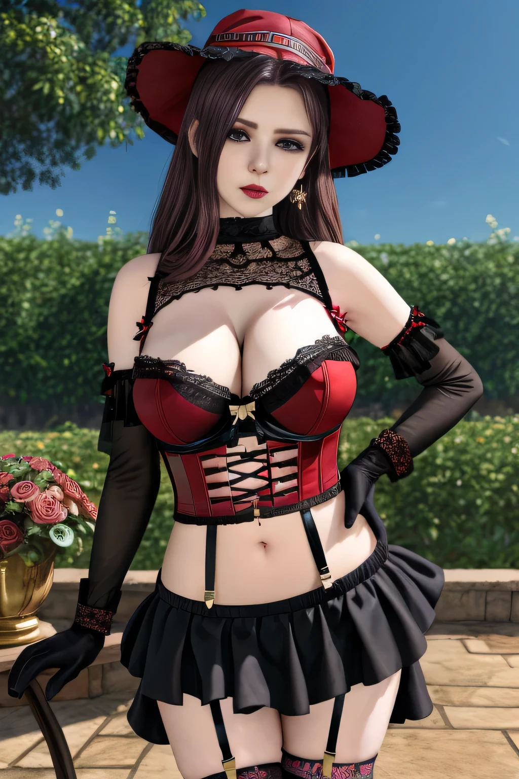 1 girl,BREAK (Royal:1.4), (red and black theme:1.5), ((red) bucket hat with rose corsage:1.4), (fusion of black high neck crop top and latex (red bustier):1.4), ((floral lace, see-through):1.3), ((sleeveless, bare shoulders):1.3), (red tiered skirt with black ruffles:1.4), ((ultra long gloves) with floral lace:1.3), (wrap a (cat garter) around thighs:1.4), outdoor,elegant,nighttime,moonlighe,shiny skin,( huge breasts), lip gloss,tattoos, masterpiece, best quality, realistic ,Surrealism,natural colors art in 8k,soft shadows,High-definition RAW color photos professional portrait photos,solo,  elise,