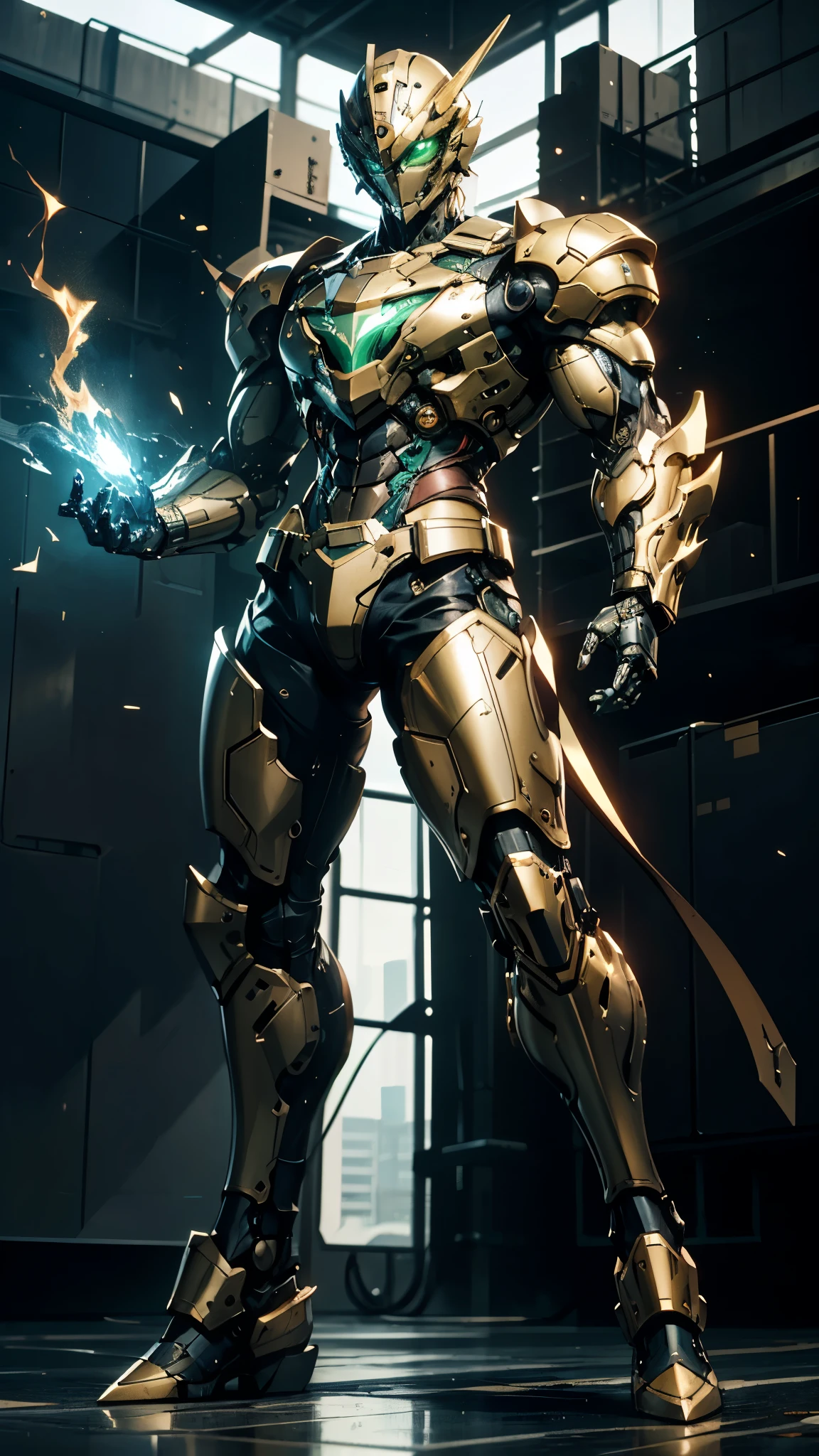 A man wearing a full-face helmet, a fantasy-style biotech armored combat suit, green eyes, (a composite layered chest armor), fully enclosed shoulder guards, matching arm and leg guards, the belt is adorned with cross, (the color scheme is primarily white with golden and blue accents), the design balances heavy with agility, a high-tech bio-mecha armor, (Armor Concept Inspired by Paladin, stand on the top of a skyscraper in a futuristic sci-fi city), this character embodies a finely crafted fantasy-surreal style armored hero in anime style, exquisite and mature manga art style, (battle damage, element, plasma, energy, the armor glows), ((male:1.5)), metallic, real texture material, dramatic, high definition, best quality, highres, ultra-detailed, ultra-fine painting, extremely delicate, professional, perfect body proportions, golden ratio, anatomically correct, symmetrical face, extremely detailed eyes and face, high quality eyes, creativity, RAW p