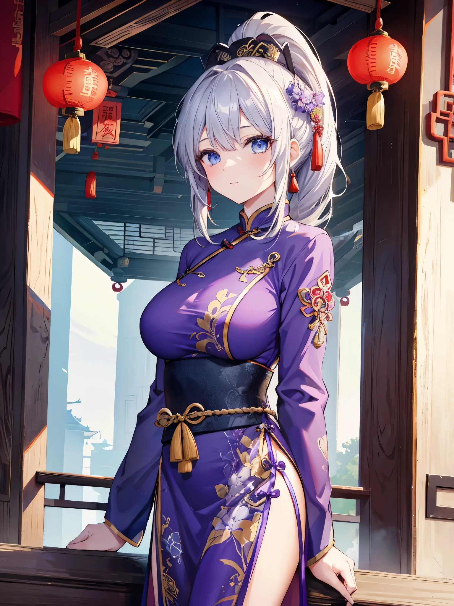 4K,High resolution,One Woman,Gray Hair,Short Ponytail,blue eyes,Huge breasts,Ancient Chinese Queen,Purple Chinese Dress,Chinese royal family