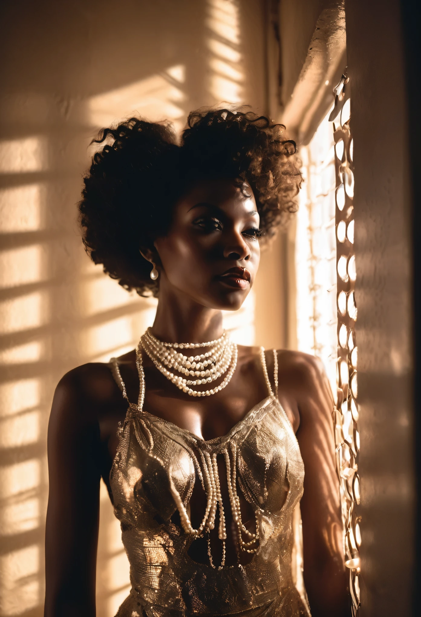 Wide angle shot  of a black woman, covered in a pearl dress and pearl necklace, in a dark room with sunlight shining through the holes in the wall and ventilators providing a beautiful cinematic imagery, Moody chiaroscuro lighting, hight resolution 