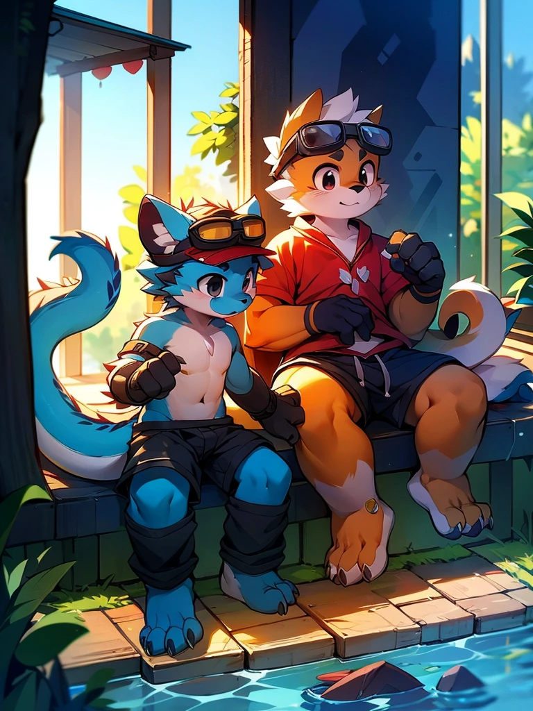 Chinese dragon boy,Gray fur,Topless, mammal, hairy,Black eyes,upscale hotel,Blue and black gradient swimming trunks quality,black fingerless gloves,goggles,