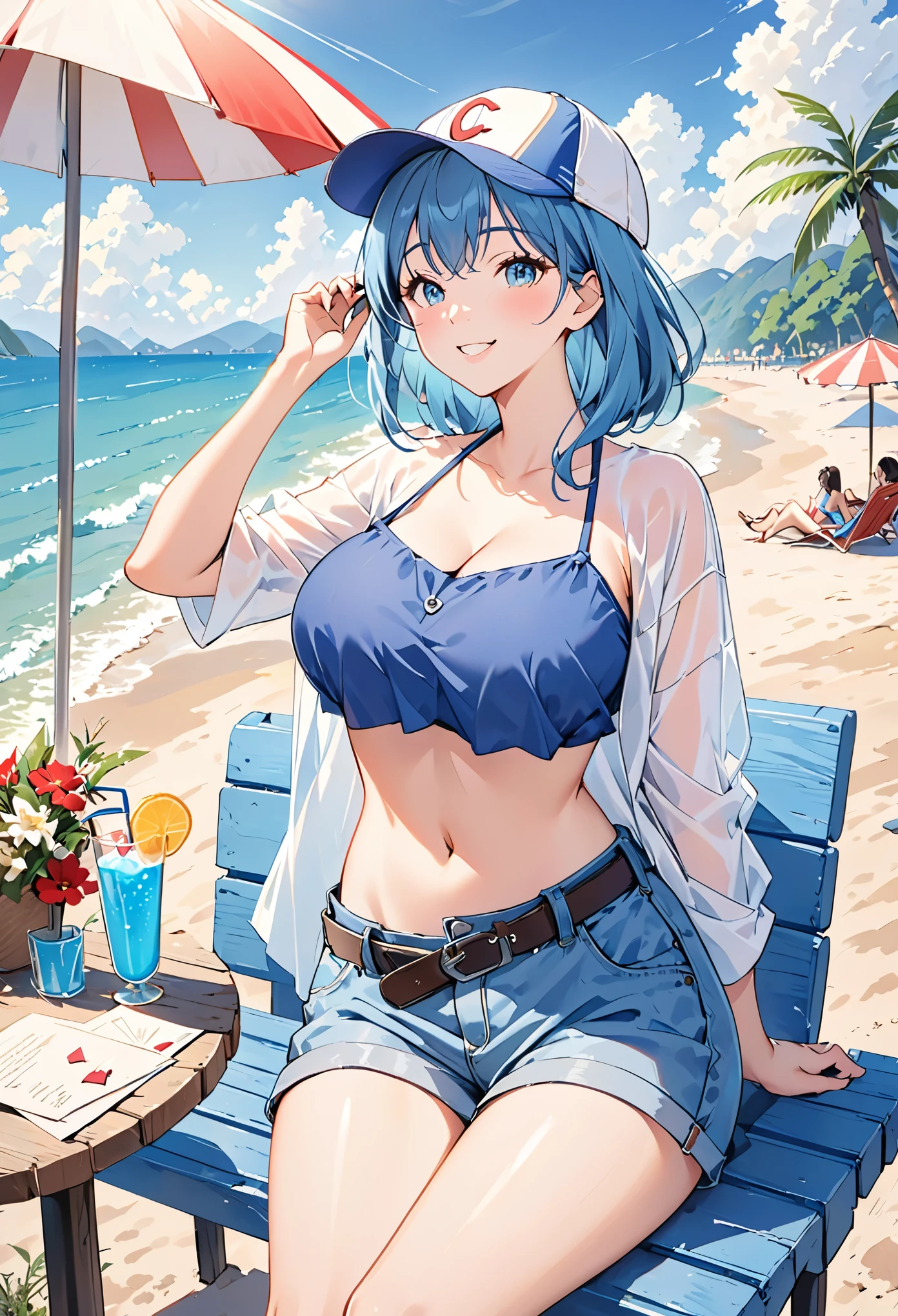 "A relaxed young woman smile abd enjoys a sunny beach setting,seated on a blue bench with a drink in hand. She's dressed in a blue bikini top and loose-fitting jeans with an undone belt,conveying a laid-back vibe. A baseball cap with the letter 'C' adorns her head,savoring the warmth of the sun and the gentle breeze. The surrounding scene is lively with other visitors and beach umbrellas,capturing the essence of a leisurely day by the sea.",big breast,