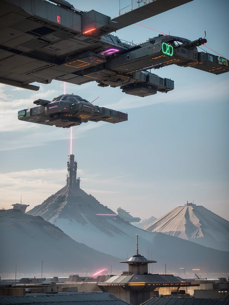 Amidst the chaos, hovering neon sattellites with sleek, angular designs patrol the skies. Their laser beams crisscross the air, casting eerie glows on the wounded parasite. These sattellites are the last remnants of a once-advanced civilization, now reduced to mere guardians of a dying world.