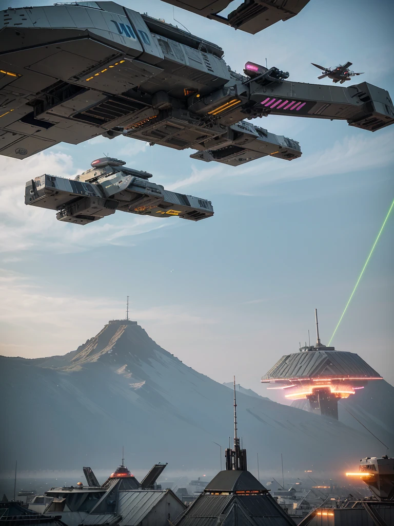 Amidst the chaos, hovering neon sattellites with sleek, angular designs patrol the skies. Their laser beams crisscross the air, casting eerie glows on the wounded parasite. These sattellites are the last remnants of a once-advanced civilization, now reduced to mere guardians of a dying world.