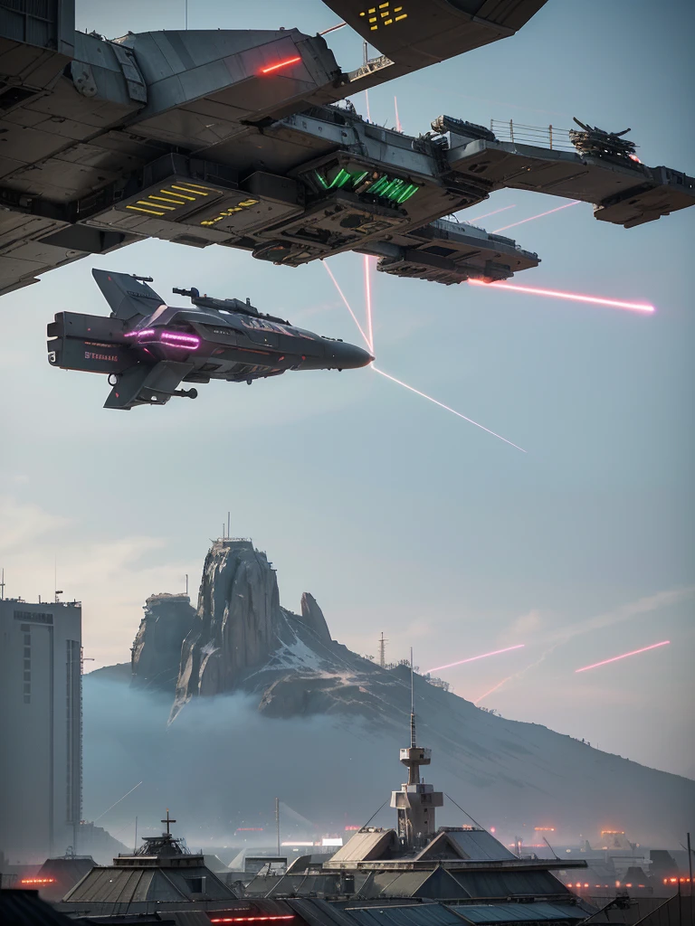Amidst the chaos, hovering neon sattellites with sleek, angular designs patrol the skies. Their laser beams crisscross the air, casting eerie glows on the wounded parasite. These sattellites are the last remnants of a once-advanced civilization, now reduced to mere guardians of a dying world.