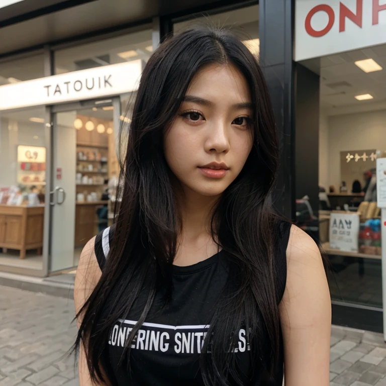 Asian girl, kpop long straight black hair, brown sk