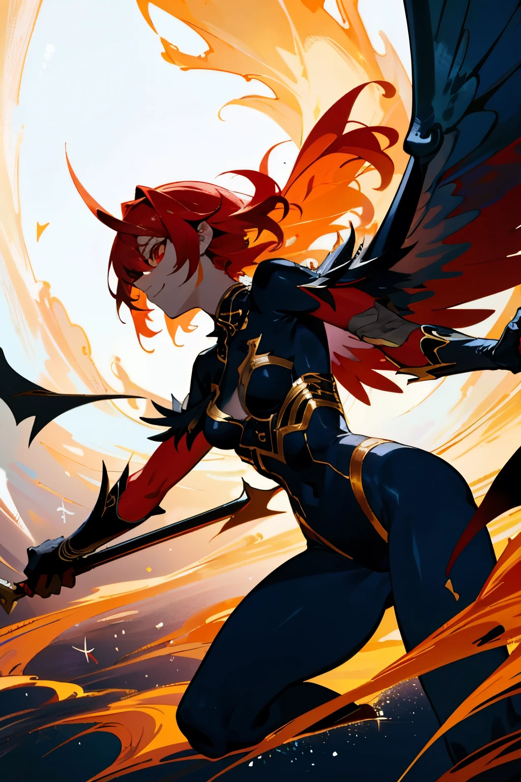 Anime-style epic scene featuring an angel with expansive blue wings, enveloping a demon adorned with red skin and bat wings. The highly-detailed, super-defined 8K artwork showcases both characters in full body, presenting a captivating rerender of this extraordinary scene. Sparkles illuminate the air amidst the intense, dynamic lighting, creating a surreal, awe-inspiring atmosphere where the audience can truly appreciate the intricate details of the angel's wings and the demon's menacing presence.