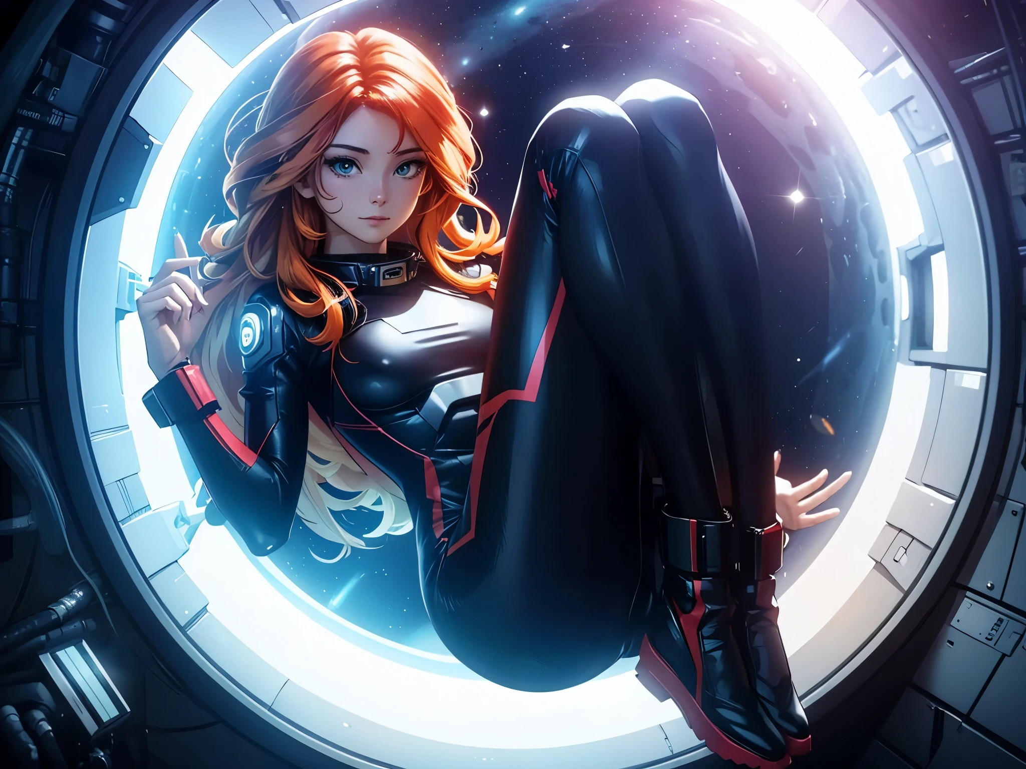 sunsethuman, female, outer space, in a spaceship, zeroG, floating hair, skintight suit,