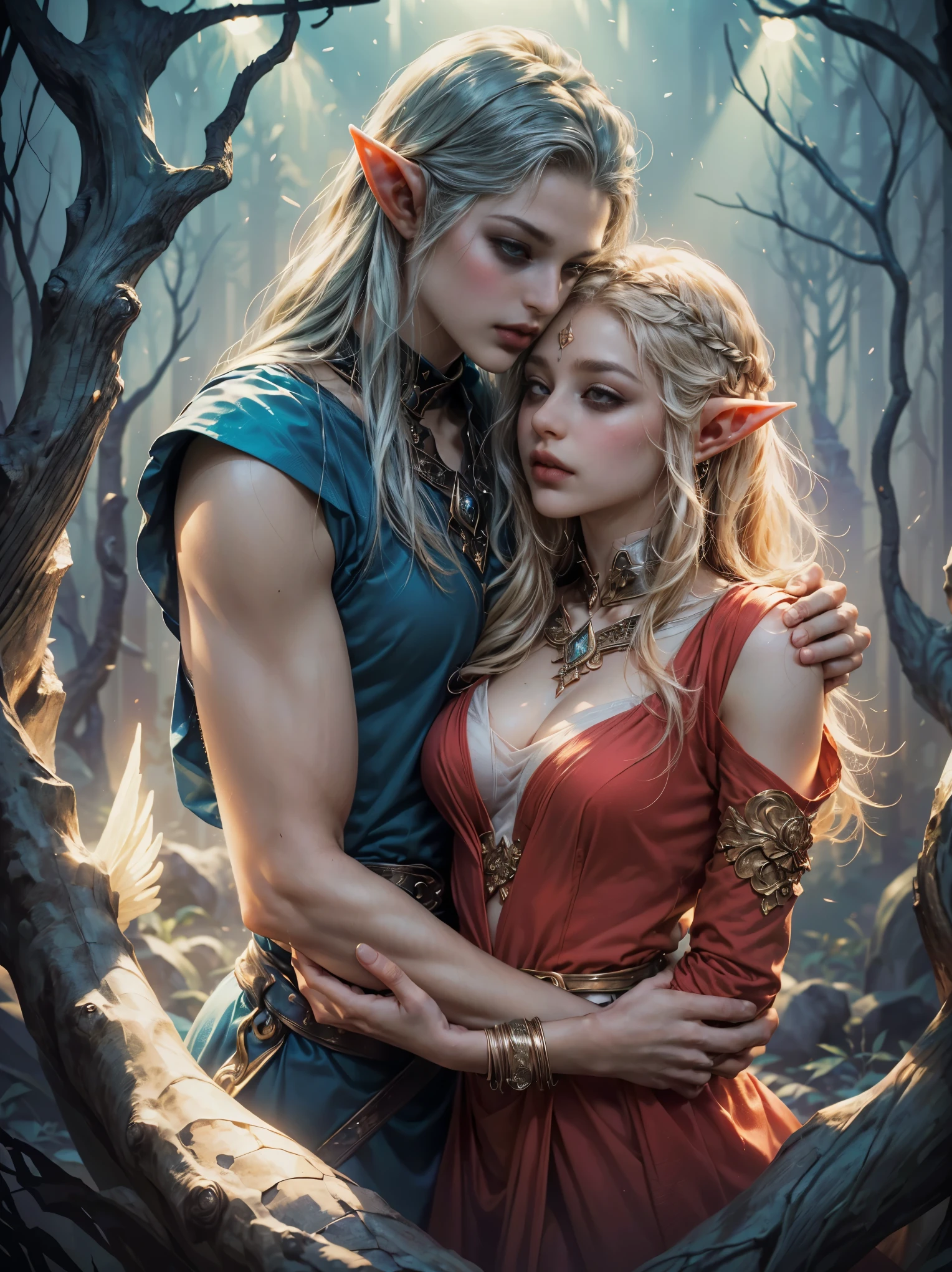 ((Of the highest quality, Obra maestra, Maximum image quality, Idyllic, bello, 8K)), ((pareja joven de elfos hermoso y detallados heterosexuales:1.5, hugging and kissing face to face, heterosexuales:1.5)), ((Elven clothing, arcos y flechas:1.4)), ((orejas de elfo puntiagudas, cabello hermoso y detallado ondulado estaba recogido:1.4)), ((Muy caliente y sexy, poderosos elegantes, belleza asombrosa, proporciones perfectas, Cuerpo hermoso bien definidos y detallados, Belleza del cuerpo delgado:1.4)), ((Piel detallada, ojos detallados:1.4)), tiro de vaquero, (best ratio: 4 dedos, 1 pulgar), Skin is moist and shiny., ((beautiful lighting throughout the body:1.2)), (beso apasionado:1.3), iluminado por una luz azul desde abajo, ((epic elven environment epic lighting:1.4)),