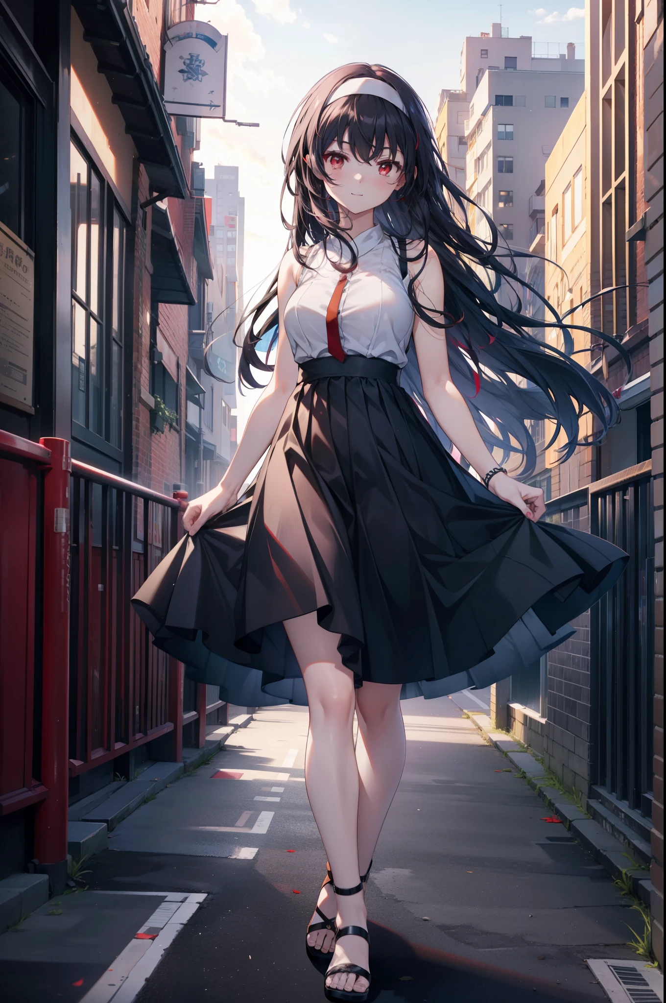 For profit, utaha kasumigaoka, Black Hair, hair band, Long Hair, (Red eyes:1.5),happy smile, smile, Open your mouth, Black sleeveless dress,Bare arms,Long skirt,Cute Sandals,whole bodyがイラストに入るように,Daytime,Clear skies,
break looking at viewer,whole body,
break outdoors, In town,Building district,bridge、
break (masterpiece:1.2), highest quality, High resolution, unity 8k wallpaper, (figure:0.8), (Beautiful fine details:1.6), Highly detailed face, Perfect lighting, Highly detailed CG, (Perfect hands, Perfect Anatomy),