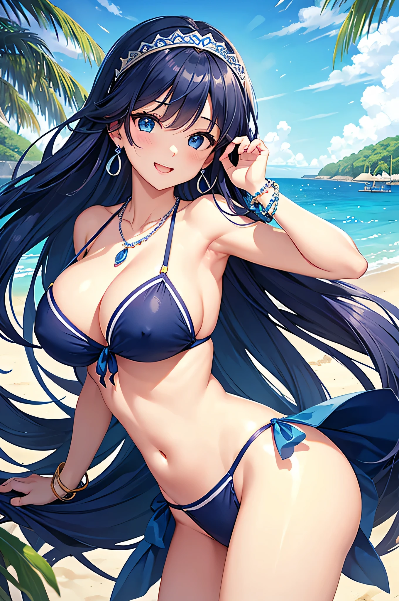 highest quality、Best image quality、masterpiece、beautiful girl、Navy blue long hair、blue eyes、Navy Blue Bikini、Big cleavage、(Big Breasts)、A big smile、blue necklace、Blue Earrings、background(Beach)、Sexy pose、Please open your mouth wide、White headband、angle(From the side)、bracelet、