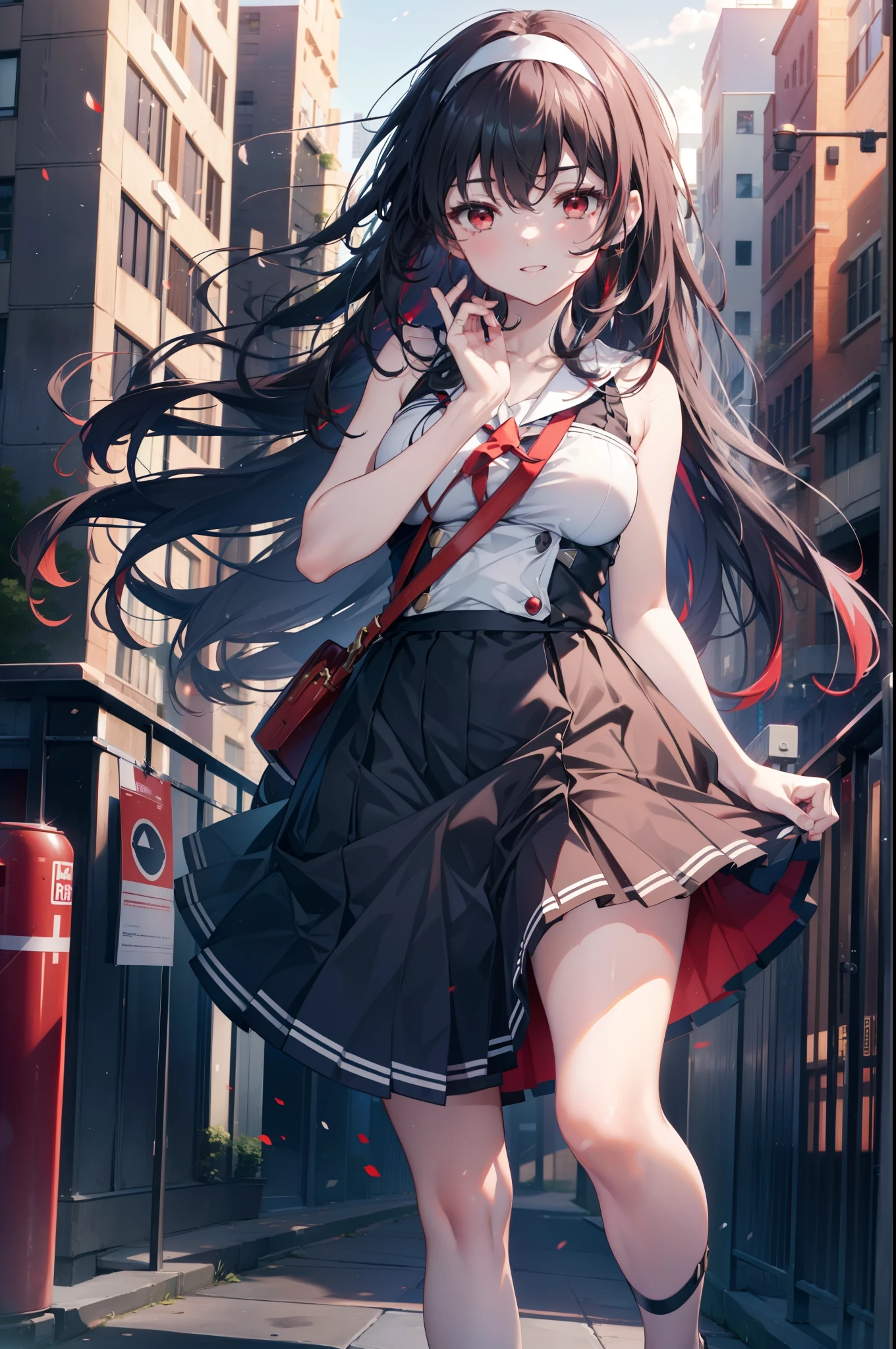 For profit, utaha kasumigaoka, Black Hair, hair band, Long Hair, (Red eyes:1.5),happy smile, smile, Open your mouth, Black sleeveless dress,Bare arms,Long skirt,Cute Sandals,whole bodyがイラストに入るように,Daytime,Clear skies,
break looking at viewer,whole body,
break outdoors, In town,Building district,bridge、
break (masterpiece:1.2), highest quality, High resolution, unity 8k wallpaper, (figure:0.8), (Beautiful fine details:1.6), Highly detailed face, Perfect lighting, Highly detailed CG, (Perfect hands, Perfect Anatomy),