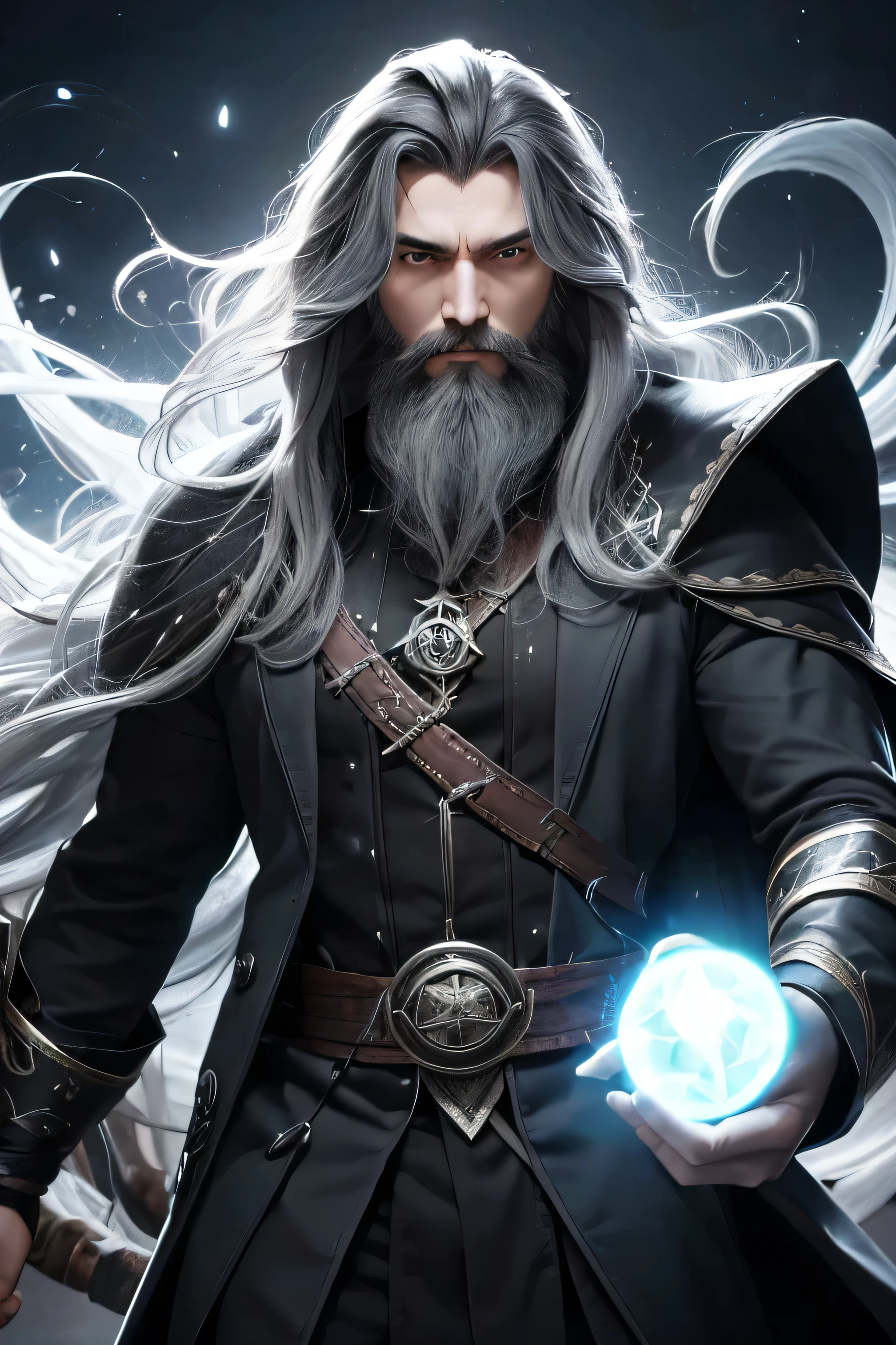 Magical sorcerer with gray and black long hair and beard, glowing eyes, 