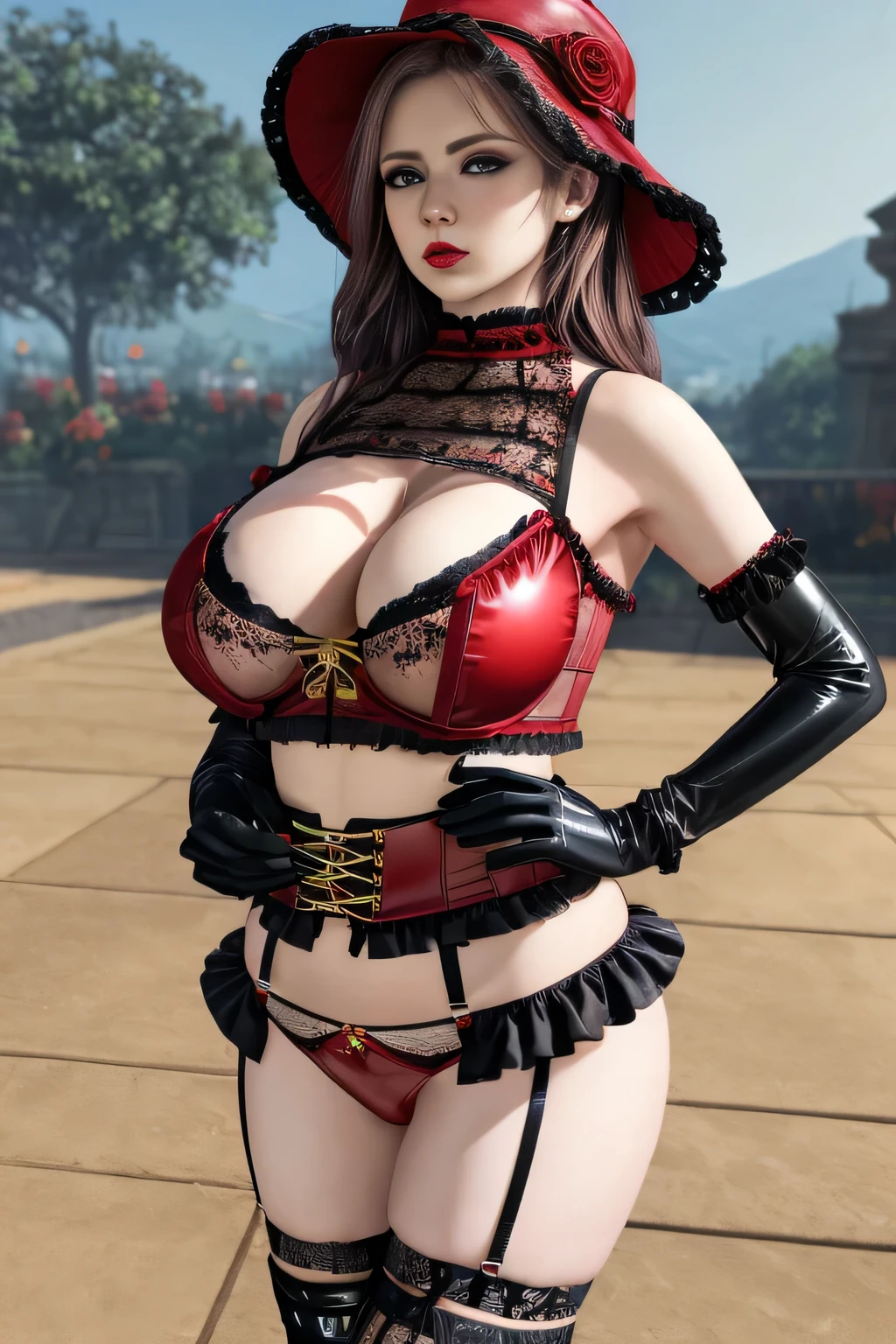 1 girl,BREAK (Royal:1.4), (red and black theme:1.5), ((red) bucket hat with rose corsage:1.4), (fusion of black high neck crop top and latex (red bustier):1.4), ((floral lace, see-through):1.3), ((sleeveless, bare shoulders):1.3), (red tiered skirt with black ruffles:1.4), ((ultra long gloves) with floral lace:1.3), (wrap a (cat garter) around thighs:1.4), outdoor,elegant,nighttime,moonlighe,shiny skin,( huge breasts), lip gloss,tattoos, masterpiece, best quality, realistic ,Surrealism,natural colors art in 8k,soft shadows,High-definition RAW color photos professional portrait photos,solo, elise,
