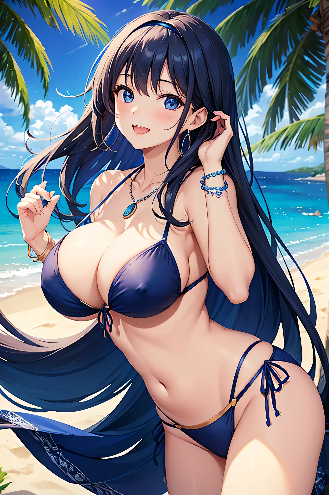 highest quality、Best image quality、masterpiece、beautiful girl、Navy blue long hair、blue eyes、Navy Blue Bikini、Big cleavage、(Big Breasts)、A big smile、blue necklace、Blue Earrings、background(Beach)、Sexy pose、Please open your mouth wide、White headband、angle(From the side)、bracelet、