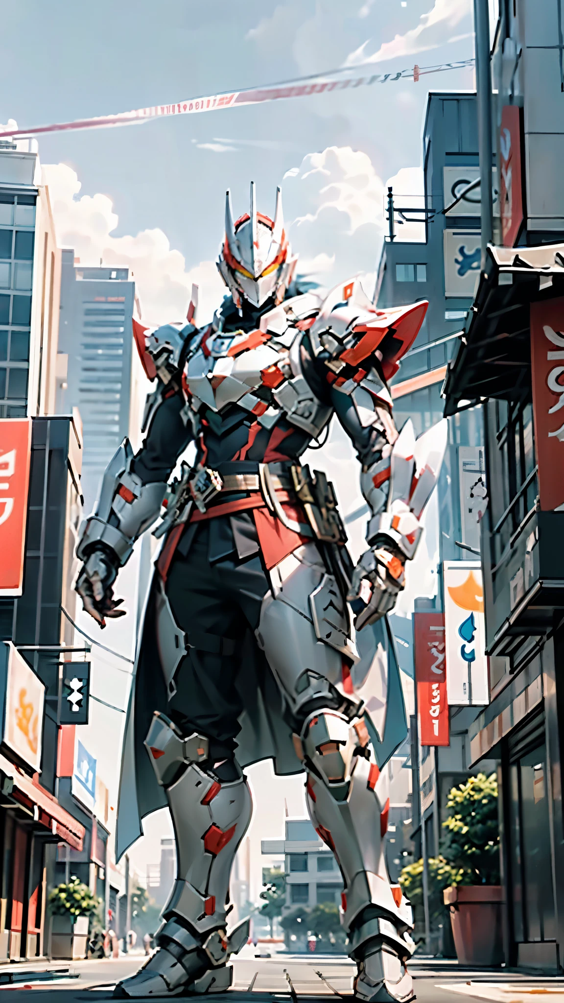 A man wearing a full-face helmet, a fantasy-style biotech armored combat suit, green eyes, (a composite layered chest armor), fully enclosed shoulder guards, matching arm and leg guards, the belt is adorned with cross, (the color scheme is primarily white with golden and blue accents), the design balances heavy with agility, a high-tech bio-mecha armor, (Armor Concept Inspired by Paladin, stand on the top of a skyscraper in a futuristic sci-fi city), this character embodies a finely crafted fantasy-surreal style armored hero in anime style, exquisite and mature manga art style, (battle damage, element, plasma, energy, the armor glows), ((male:1.5)), metallic, real texture material, dramatic, high definition, best quality, highres, ultra-detailed, ultra-fine painting, extremely delicate, professional, perfect body proportions, golden ratio, anatomically correct, symmetrical face, extremely detailed eyes and face, high quality eyes, creativity, RAW p