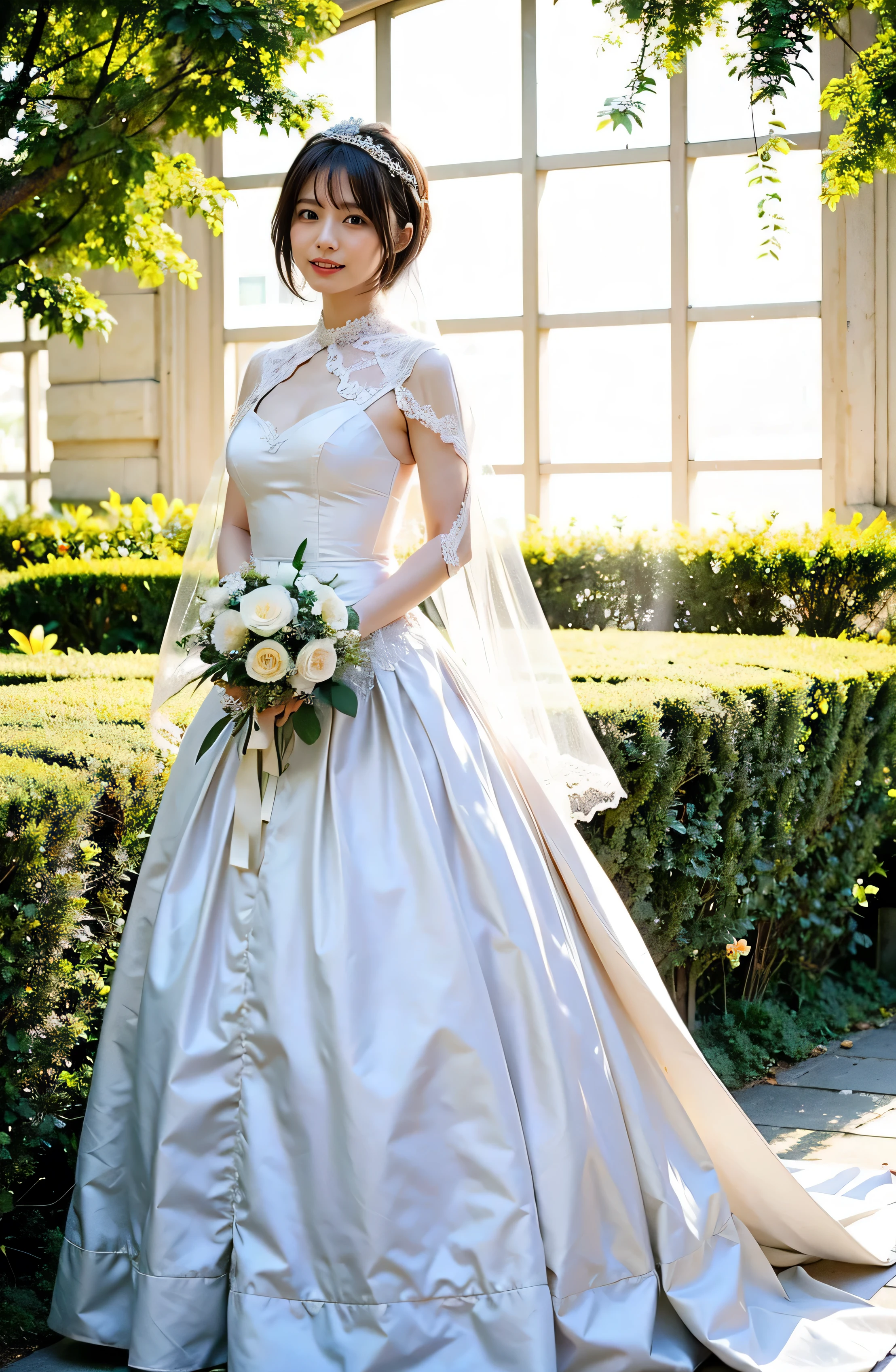 Veil、Wear white lace gloves、Big Smile、Holding a bouquet、A lovely smile、A luxurious white silk dress with lace、Stunning gardens、Colorful flowers々is blooming、White silk and shiny dress、A luxurious and elegant white wedding dress、Braided hair only for the bangs（（wedding ceremony:1.4））、Full body photo、smile、 Caustics、Highly detailed photos、Very beautiful eyeedium Short Hair、Large Breasts、Super no makeup、(8k、RAW Photos、highest quality、masterpiece:1.2)、(Realistic、Realistic)、1 girl、((Medium Short Hair、Looking into the camera:1.4))、

