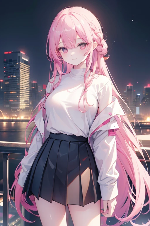 1girl, solo, , , (very_long_hair), (pink_hair:1.2), braids, (red_eyes), medium_breasts, (white_shirt:1.5), (windbreaker), (off_shoulder:1.2), (portrait), glowing_eyes, background_light, (cityscape:1.5), (pleated skirt, )(neon_lights:1.2), (science), cyberpunk, ((masterpiece)), (highres), (best_quality), (highly_detailed), (original),(Delicate background),(extremely detailed 8K wallpaper),cinematic lighting, volume lighting, light particles, shaded_face, beautiful_detailed_eyes, depth_of_field, perspective, smile