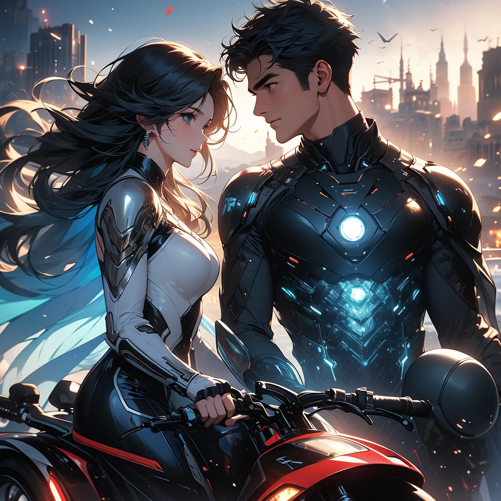 highest quality、Masterpiece、Official Art、16K、The best composition、The best light source、Super detailed、super beautiful、Super detailedな目、A couple of men and women riding a futuristic flying bike are looking at each other happily、The woman's hairstyle is milky white with purple gradient long hair、Two knots in a braid、Her outfit is black cyberpunk with open sides.、The man's hairstyle is short, milky white with blue highlights、Cyberpunk outfit、
