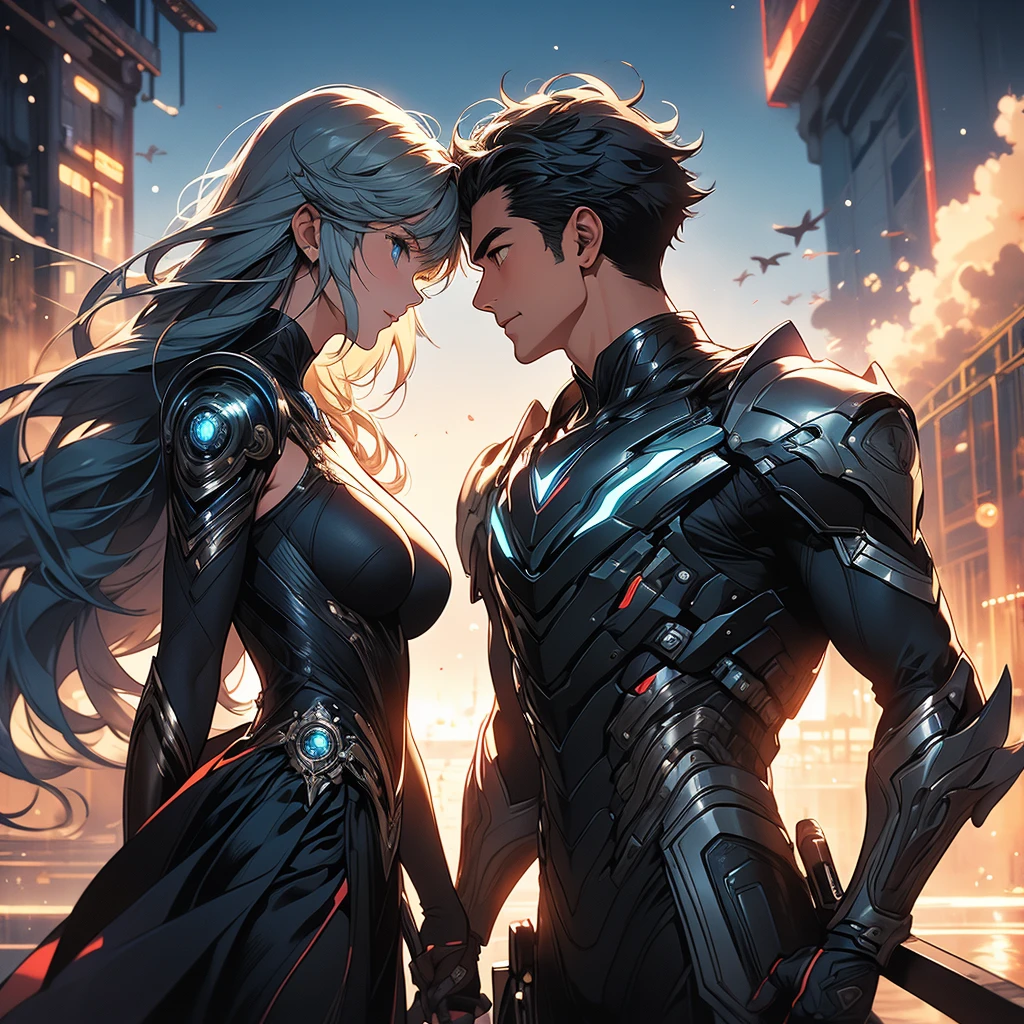 highest quality、Masterpiece、Official Art、16K、The best composition、The best light source、Super detailed、super beautiful、Super detailedな目、A couple of men and women riding a futuristic flying bike are looking at each other happily、The woman's hairstyle is milky white with purple gradient long hair、Two knots in a braid、Her outfit is black cyberpunk with open sides.、The man's hairstyle is short, milky white with blue highlights、Cyberpunk outfit、