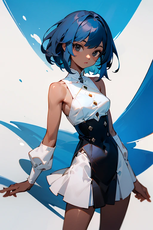 Blue hair with white strands Medium breasts and small waist Dark skin and black eyes Short shoulder-length hair, con fleco
Camisa blanca con vestido negro 
Que salga de cuerpo completo 
