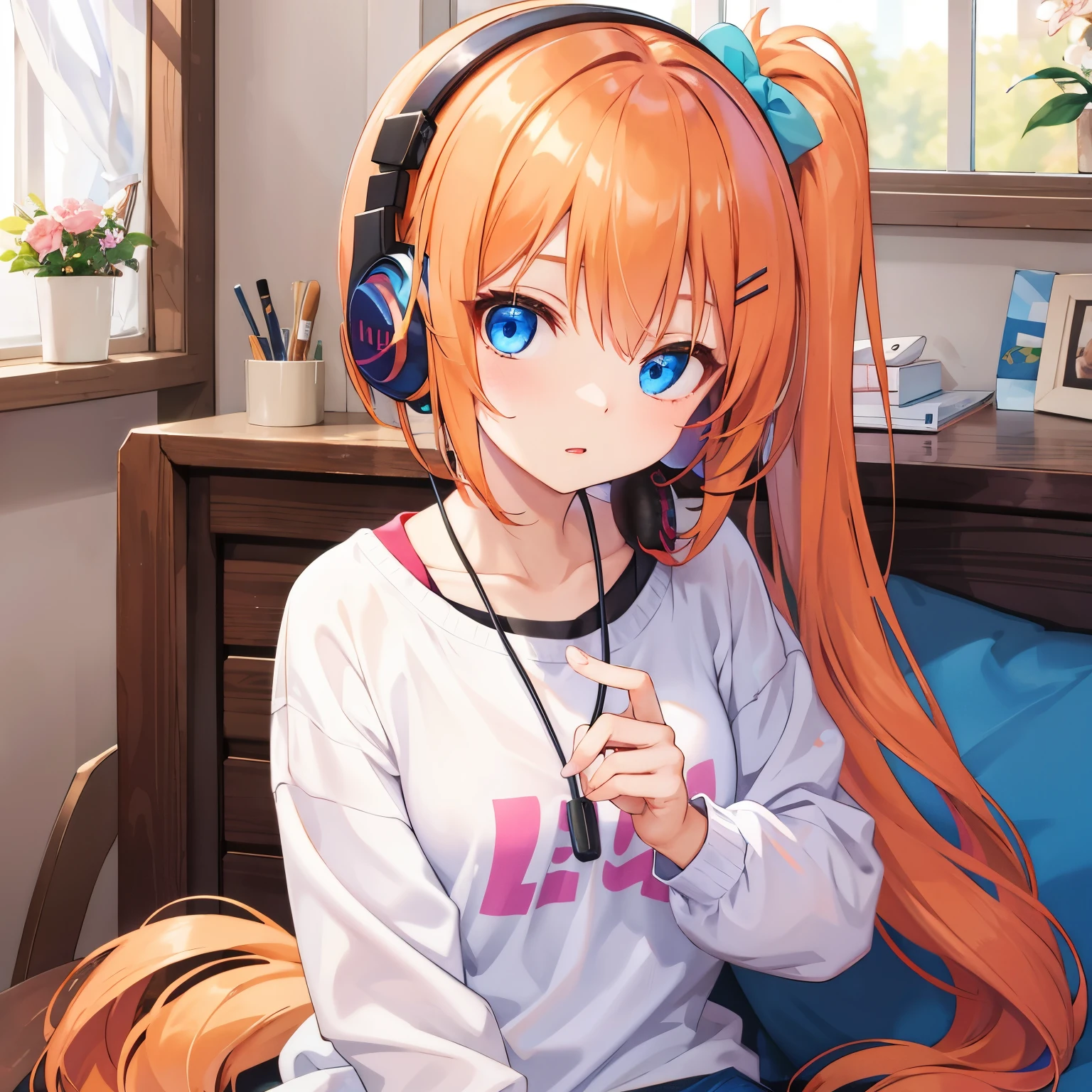 masterpiece、highest quality、Dark orange hair、Side Ponytail、Blue Eyes、hairpin、Headphones、Inside a cute room、Casual clothing、1 person、beautiful girl